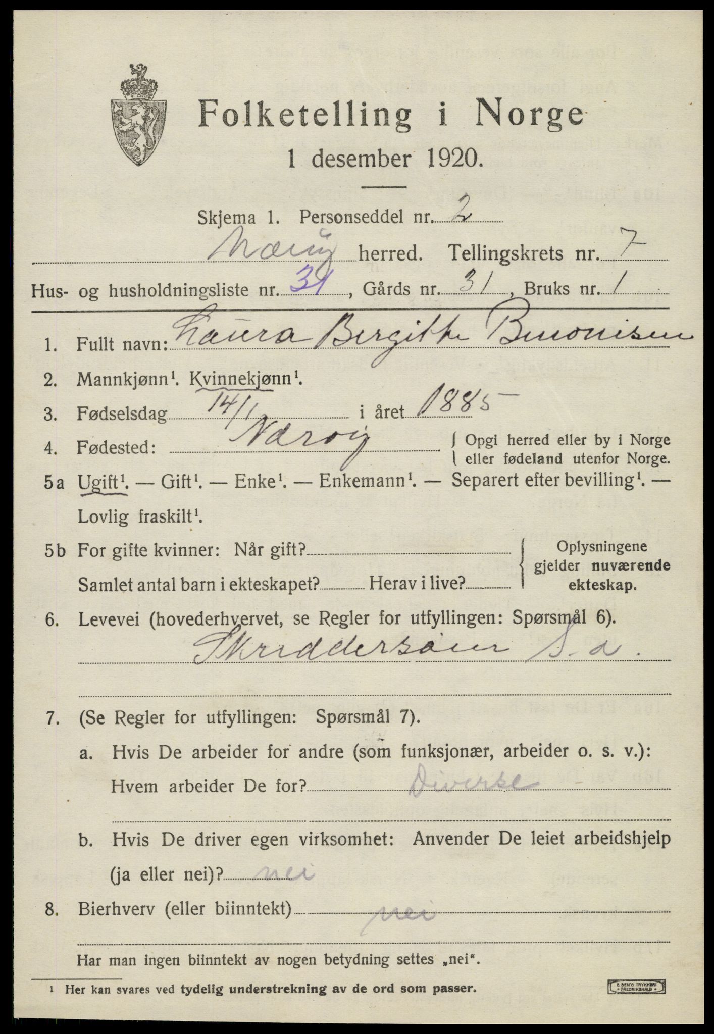 SAT, 1920 census for Nærøy, 1920, p. 4291