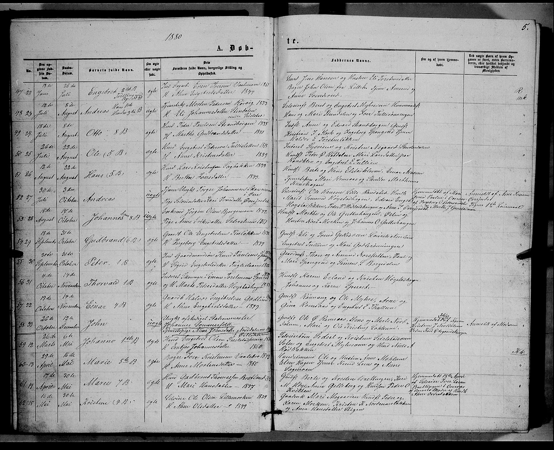 Ringebu prestekontor, SAH/PREST-082/H/Ha/Hab/L0006: Parish register (copy) no. 6, 1880-1898, p. 5