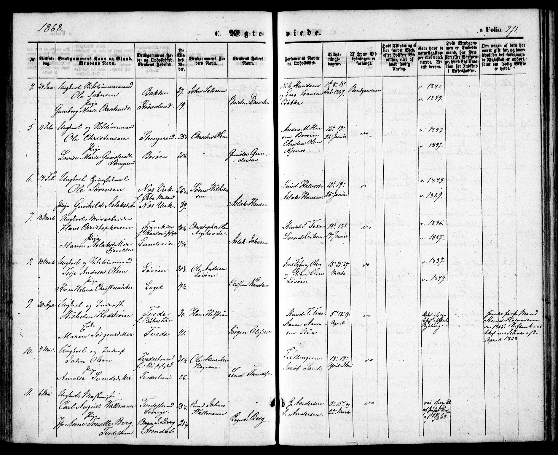 Holt sokneprestkontor, AV/SAK-1111-0021/F/Fa/L0009: Parish register (official) no. A 9, 1861-1871, p. 271