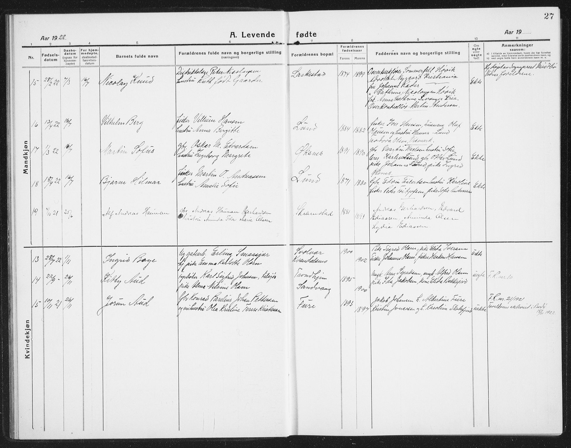 Ministerialprotokoller, klokkerbøker og fødselsregistre - Nordland, AV/SAT-A-1459/855/L0817: Parish register (copy) no. 855C06, 1917-1934, p. 27