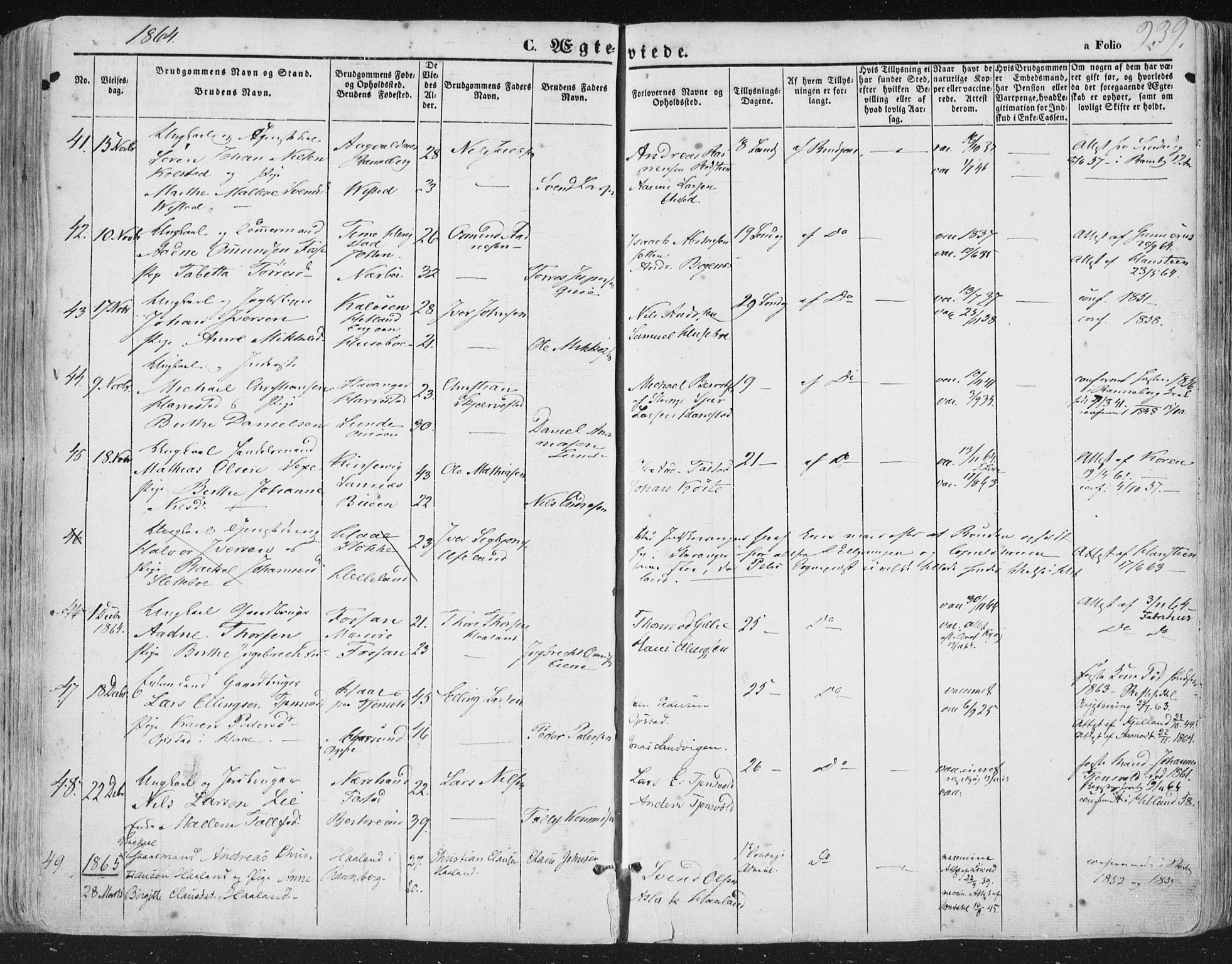 Hetland sokneprestkontor, AV/SAST-A-101826/30/30BA/L0002: Parish register (official) no. A 2, 1849-1869, p. 239