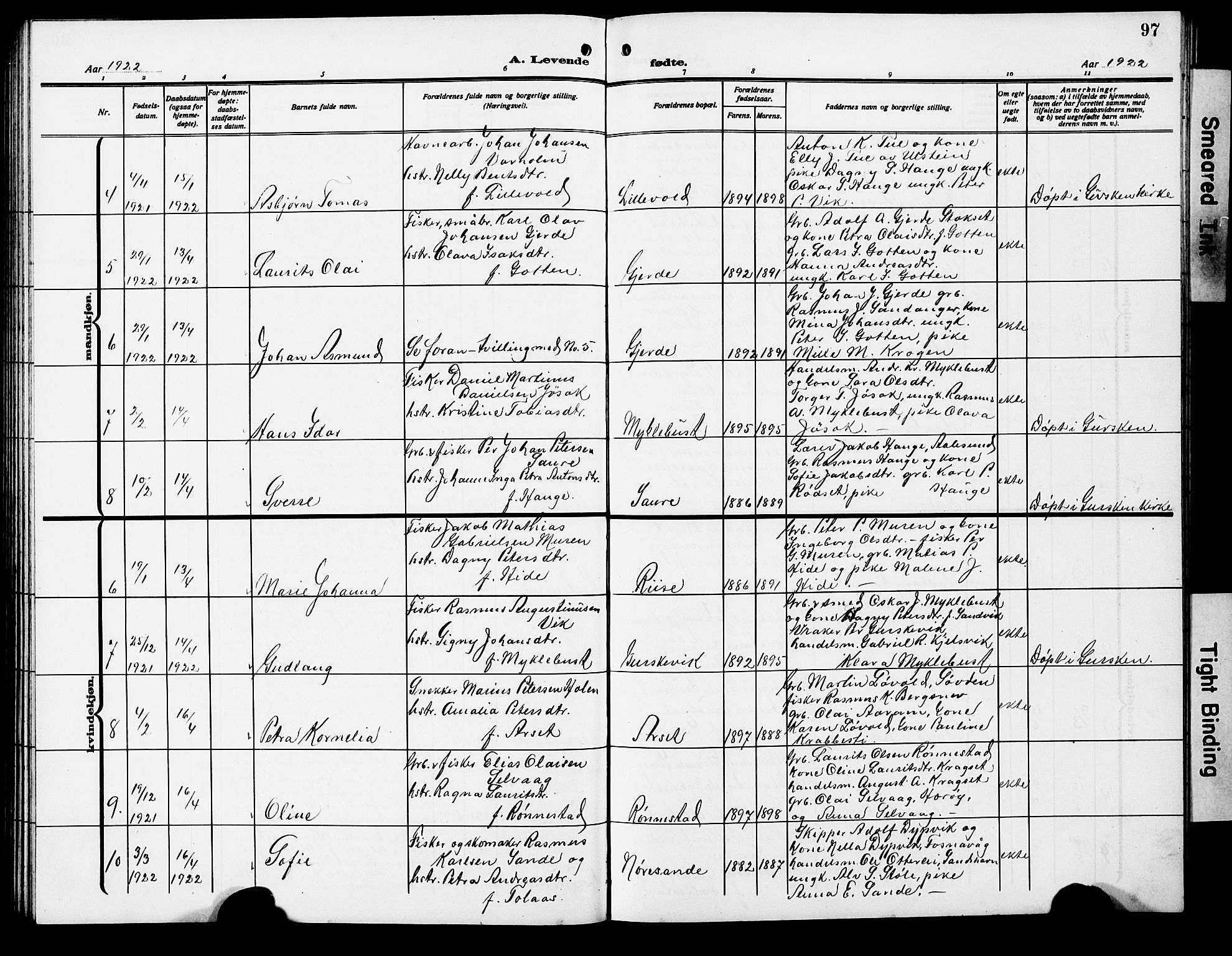 Ministerialprotokoller, klokkerbøker og fødselsregistre - Møre og Romsdal, AV/SAT-A-1454/503/L0050: Parish register (copy) no. 503C05, 1909-1922, p. 97