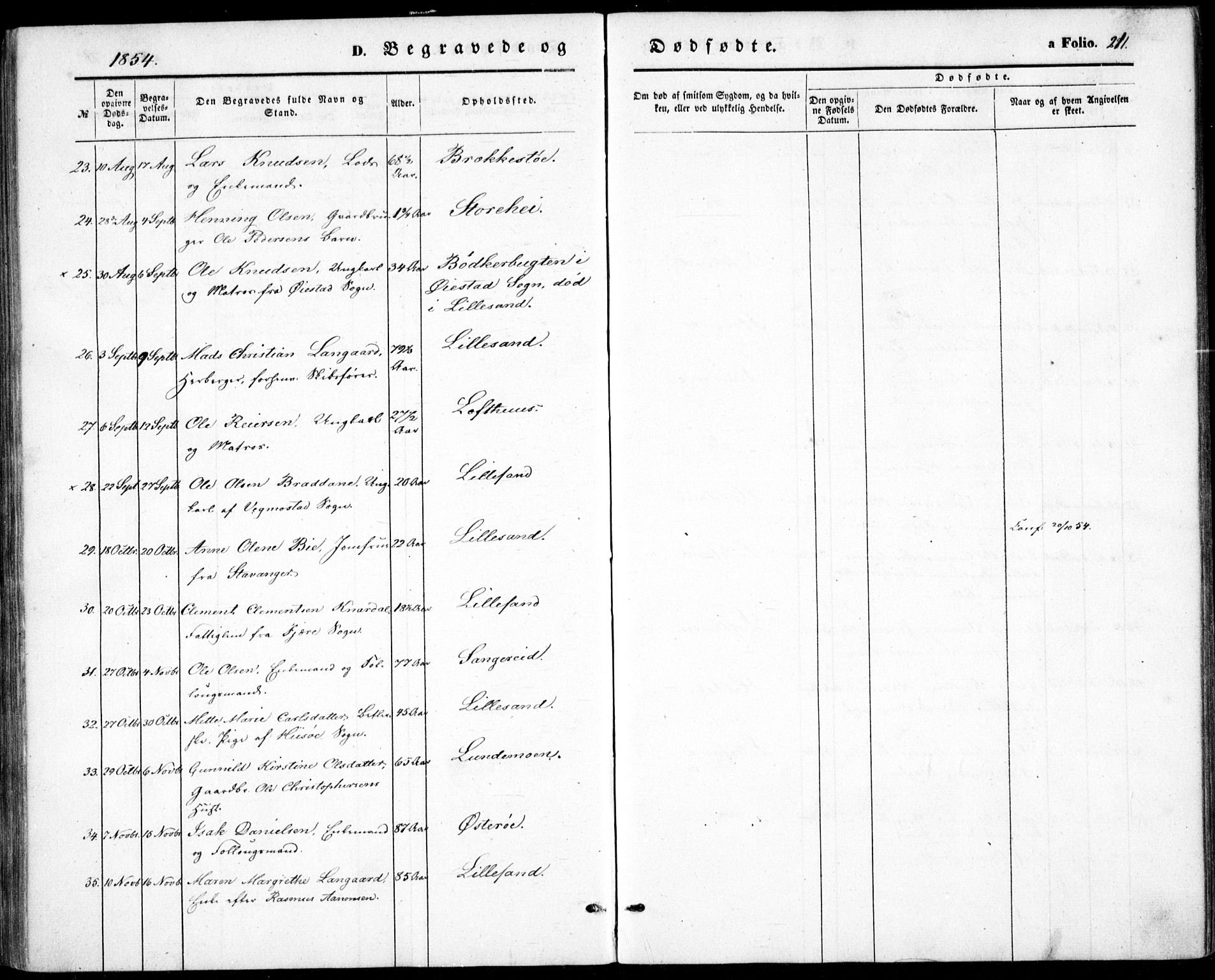 Vestre Moland sokneprestkontor, SAK/1111-0046/F/Fb/Fbb/L0003: Parish register (copy) no. B 3, 1851-1861, p. 211