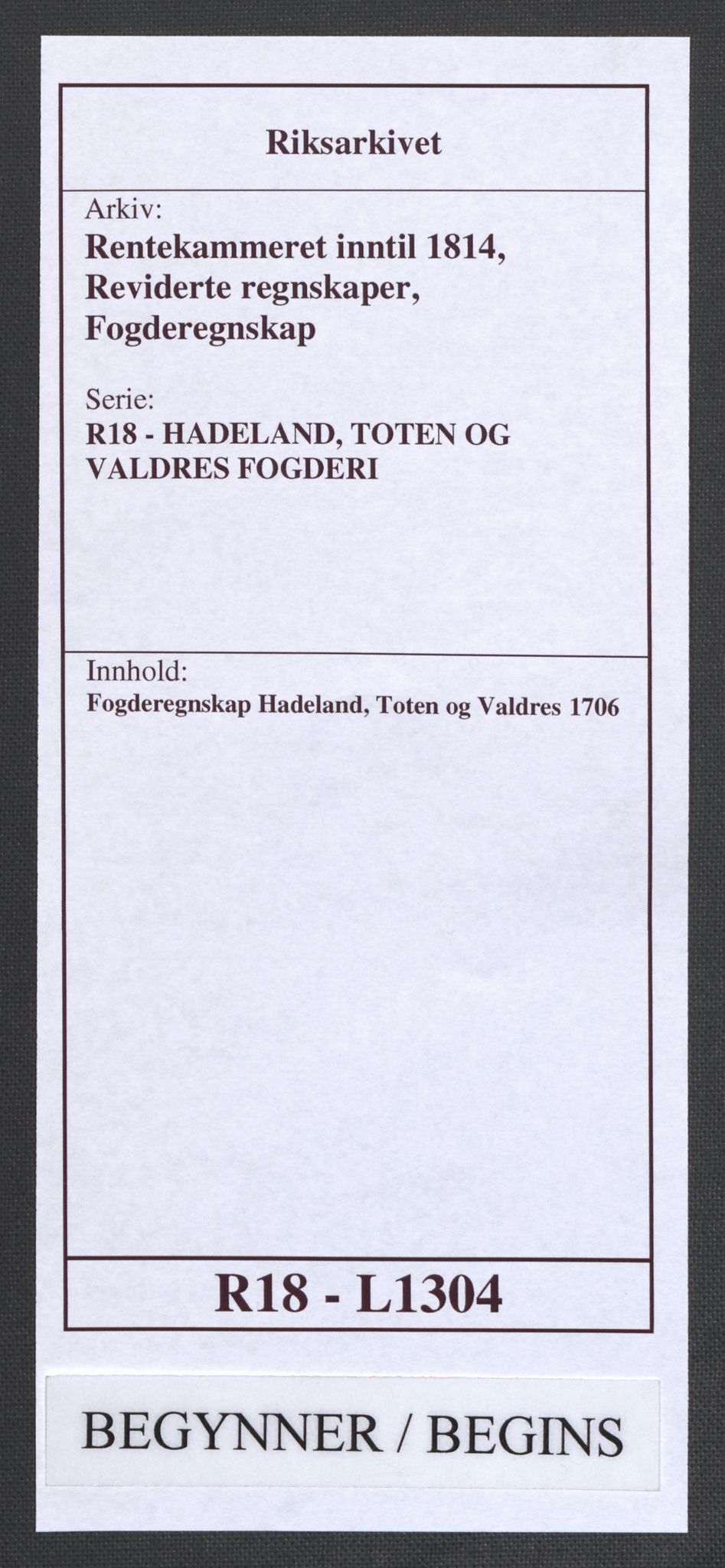 Rentekammeret inntil 1814, Reviderte regnskaper, Fogderegnskap, AV/RA-EA-4092/R18/L1304: Fogderegnskap Hadeland, Toten og Valdres, 1706, p. 1