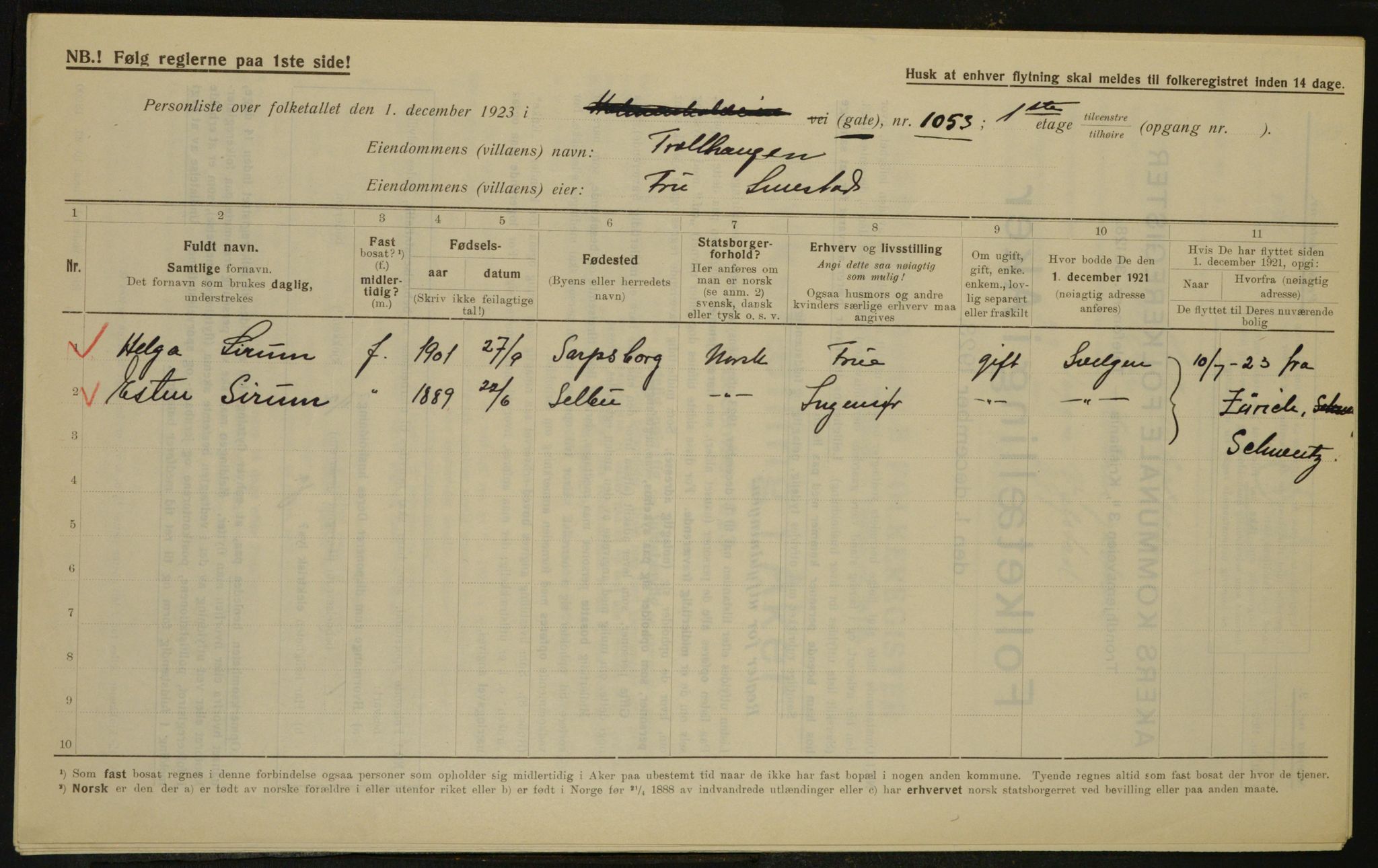 , Municipal Census 1923 for Aker, 1923, p. 2958