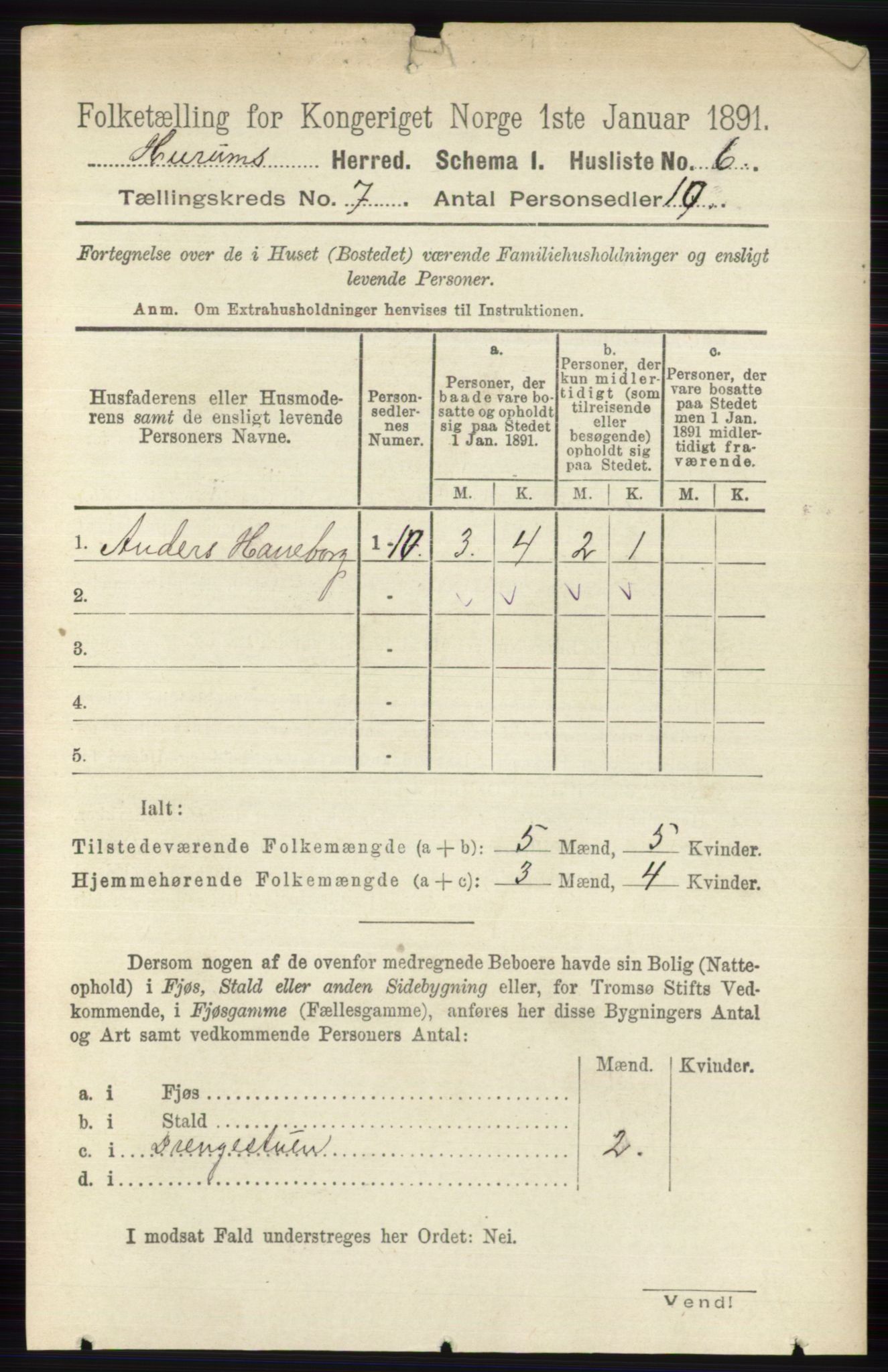 RA, 1891 census for 0628 Hurum, 1891, p. 2218