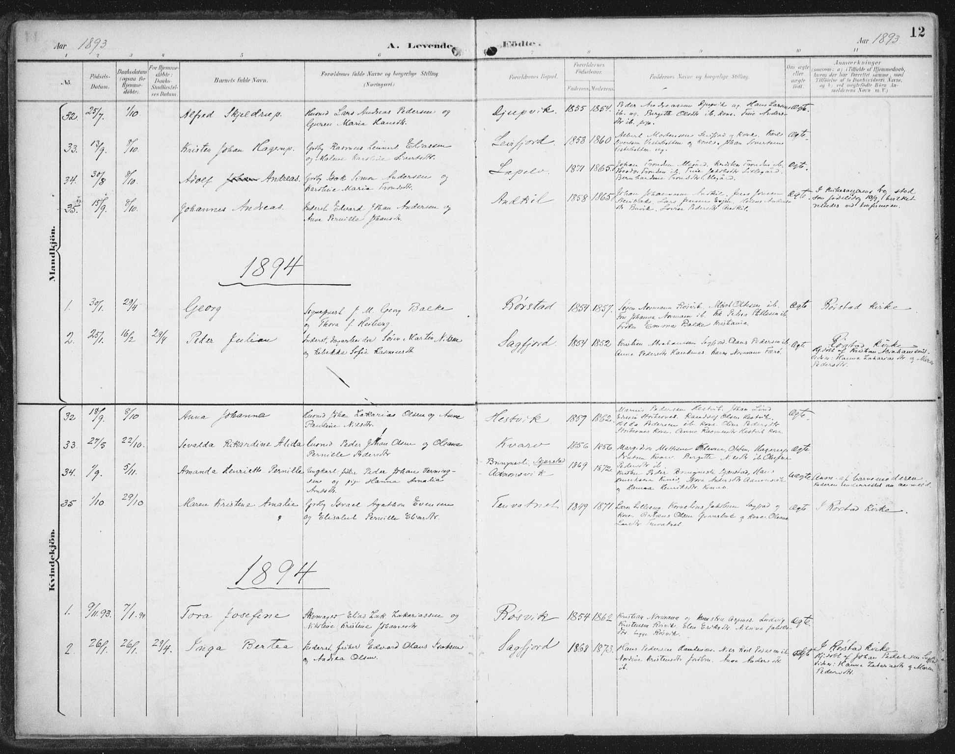 Ministerialprotokoller, klokkerbøker og fødselsregistre - Nordland, SAT/A-1459/854/L0779: Parish register (official) no. 854A02, 1892-1909, p. 12
