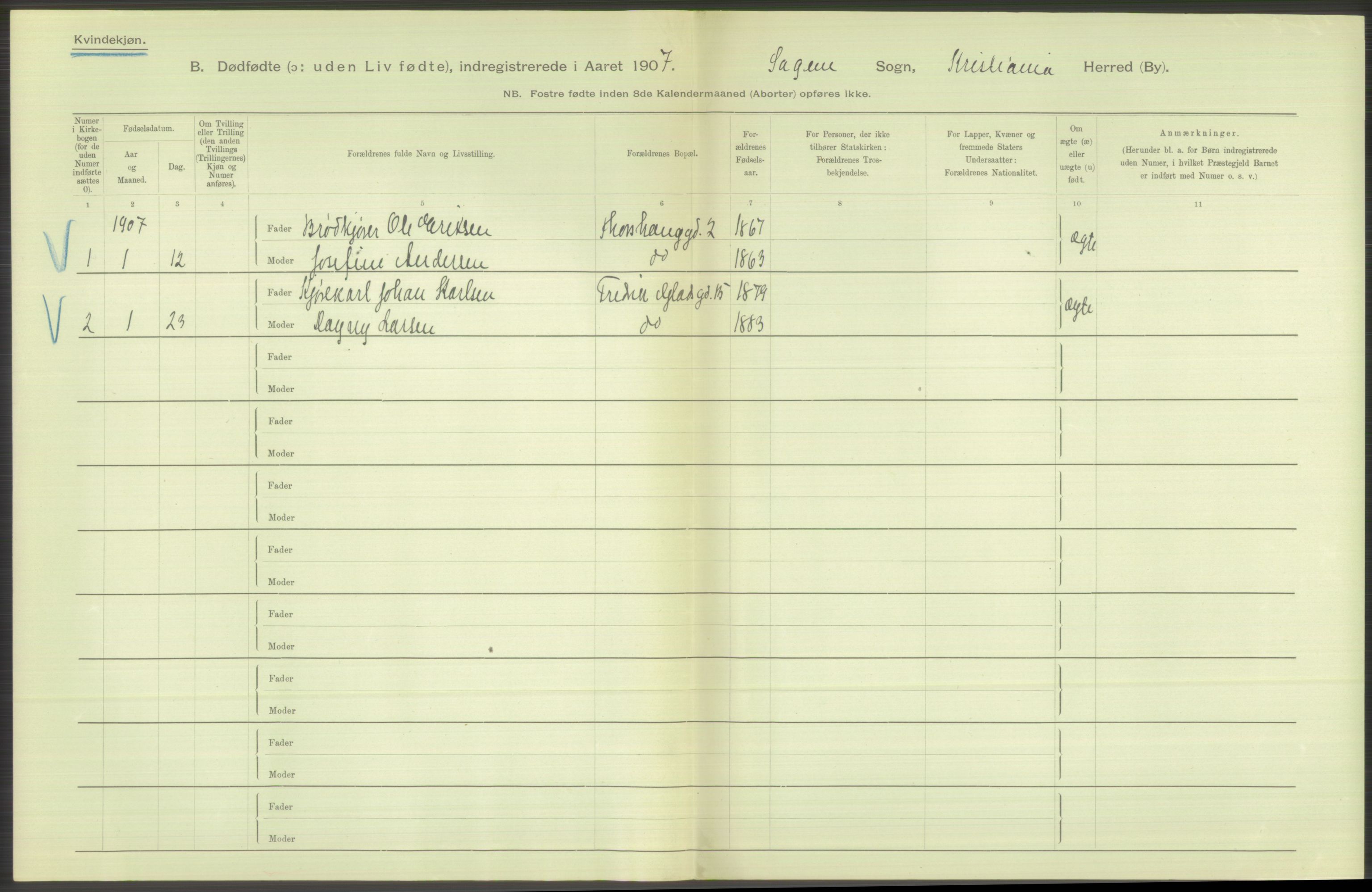 Statistisk sentralbyrå, Sosiodemografiske emner, Befolkning, AV/RA-S-2228/D/Df/Dfa/Dfae/L0010: Kristiania: Døde, dødfødte, 1907, p. 152