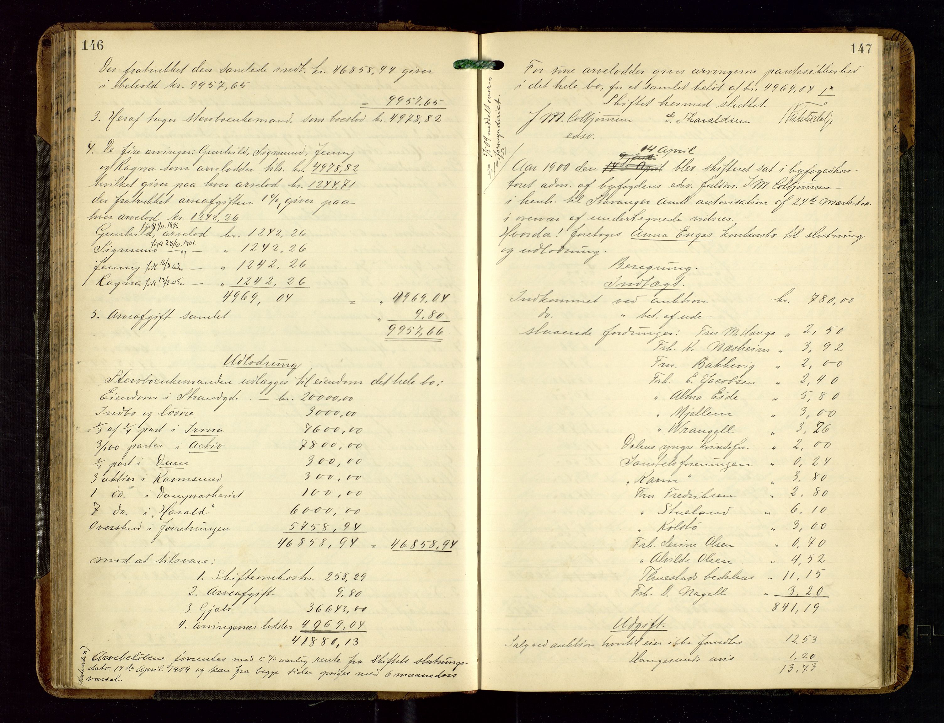 Haugesund tingrett, AV/SAST-A-101415/01/IV/IVD/L0002: Skifteutlodningsprotokoll, med register, 1904-1915, p. 146-147