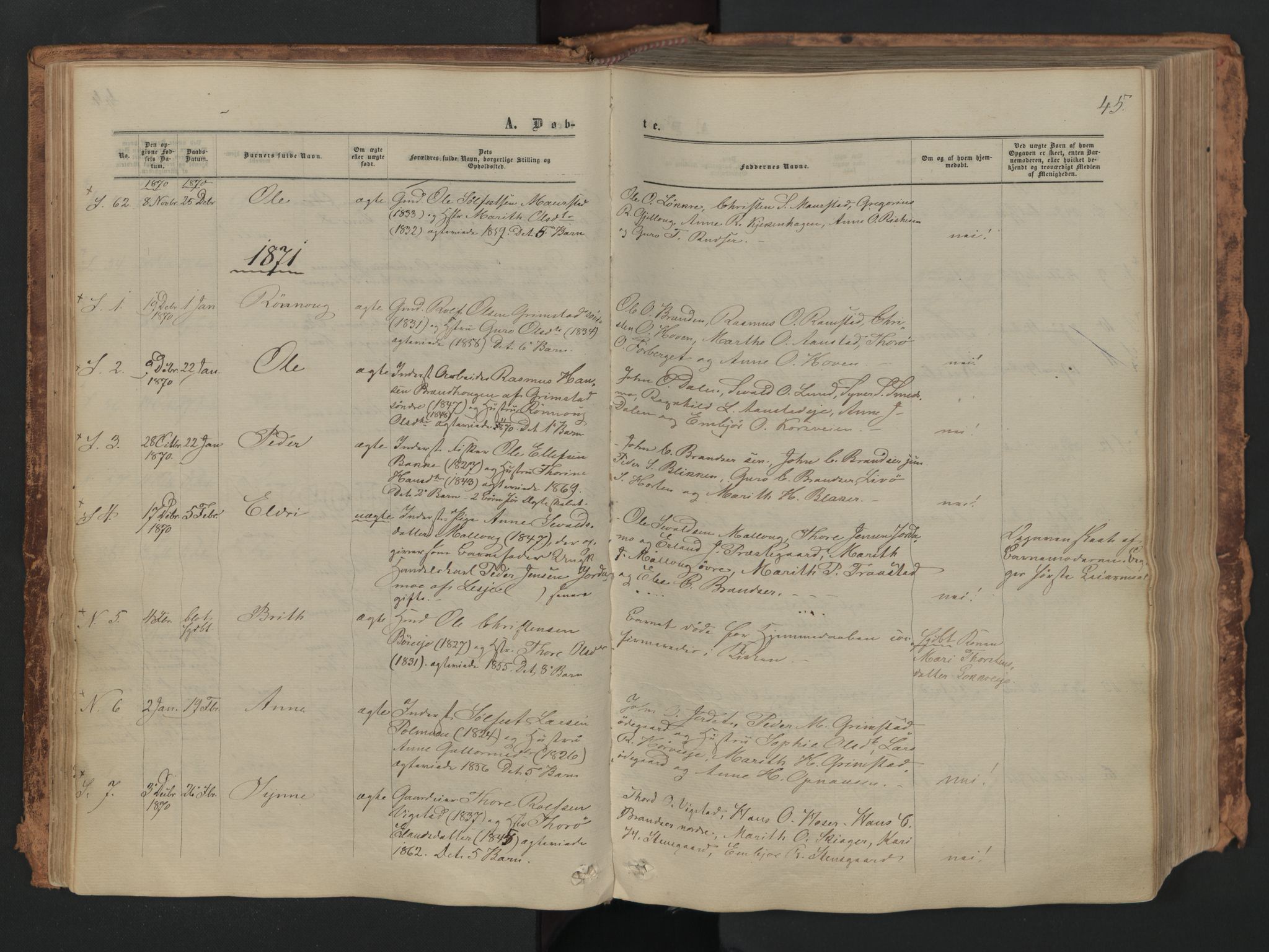 Skjåk prestekontor, AV/SAH-PREST-072/H/Ha/Haa/L0001: Parish register (official) no. 1, 1863-1879, p. 45