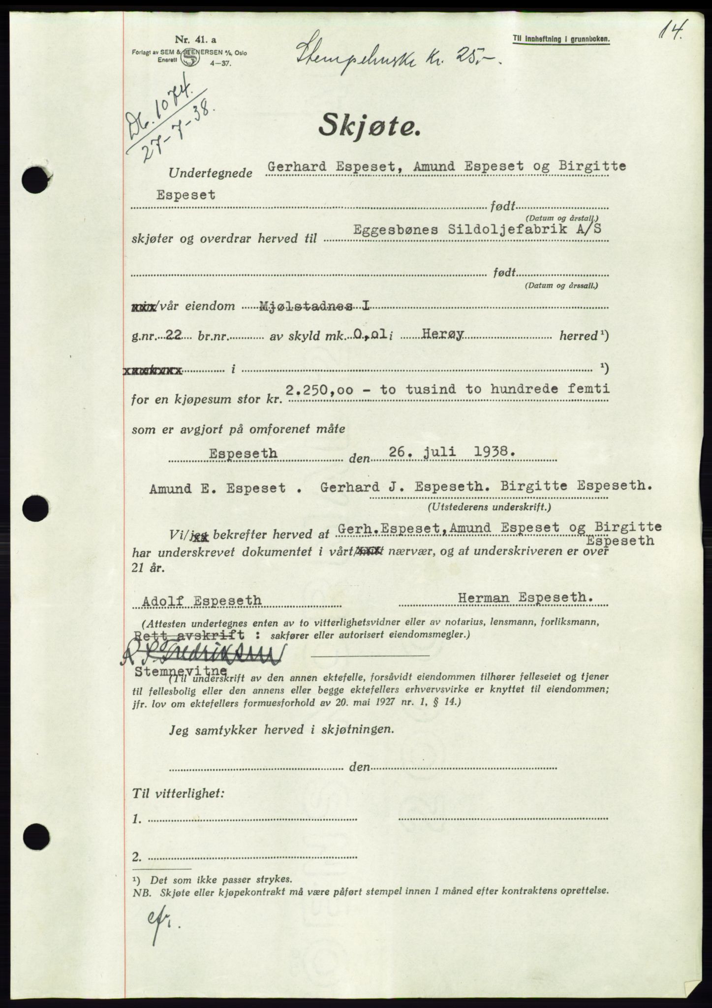 Søre Sunnmøre sorenskriveri, AV/SAT-A-4122/1/2/2C/L0066: Mortgage book no. 60, 1938-1938, Diary no: : 1074/1938