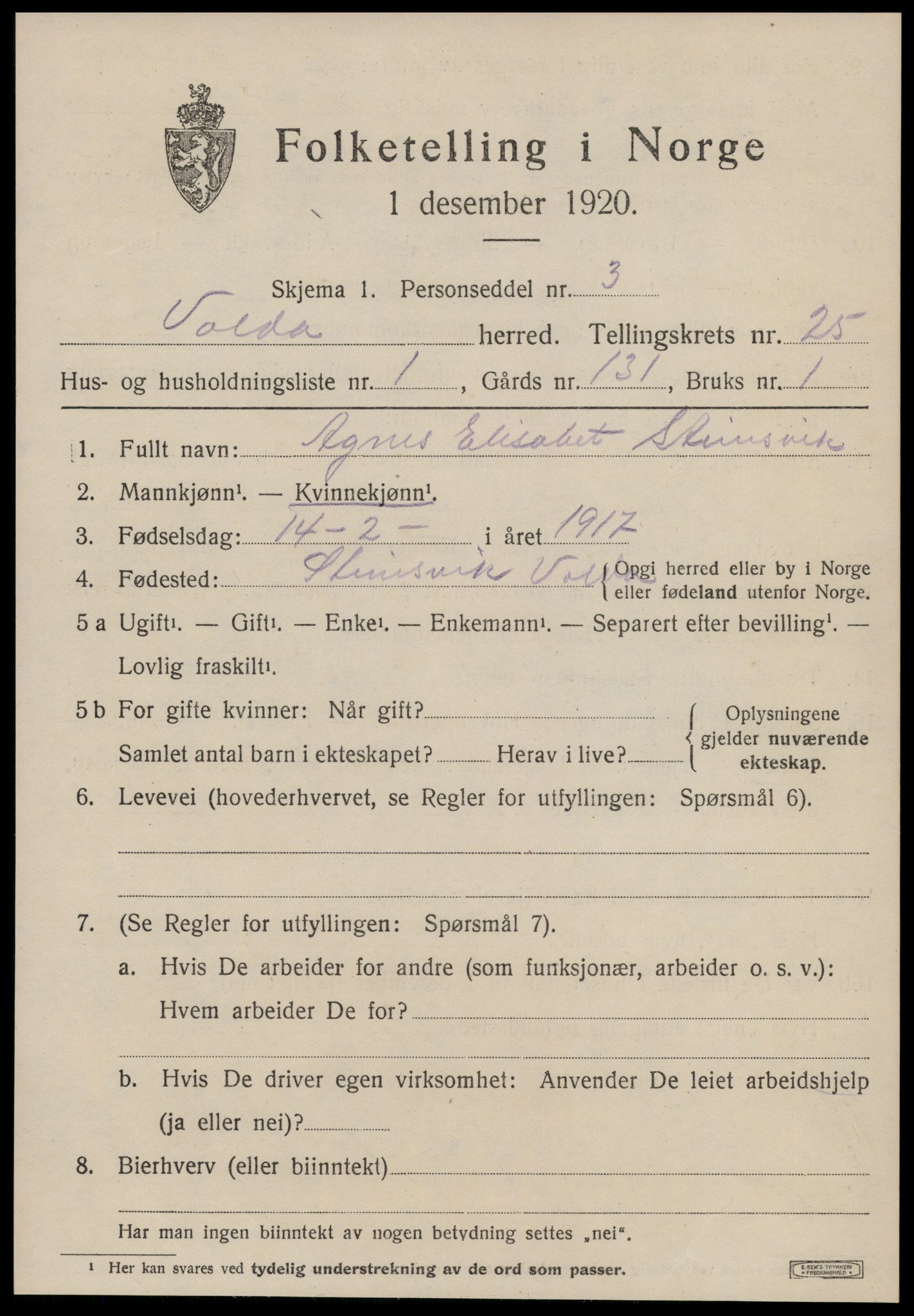 SAT, 1920 census for Volda, 1920, p. 12078