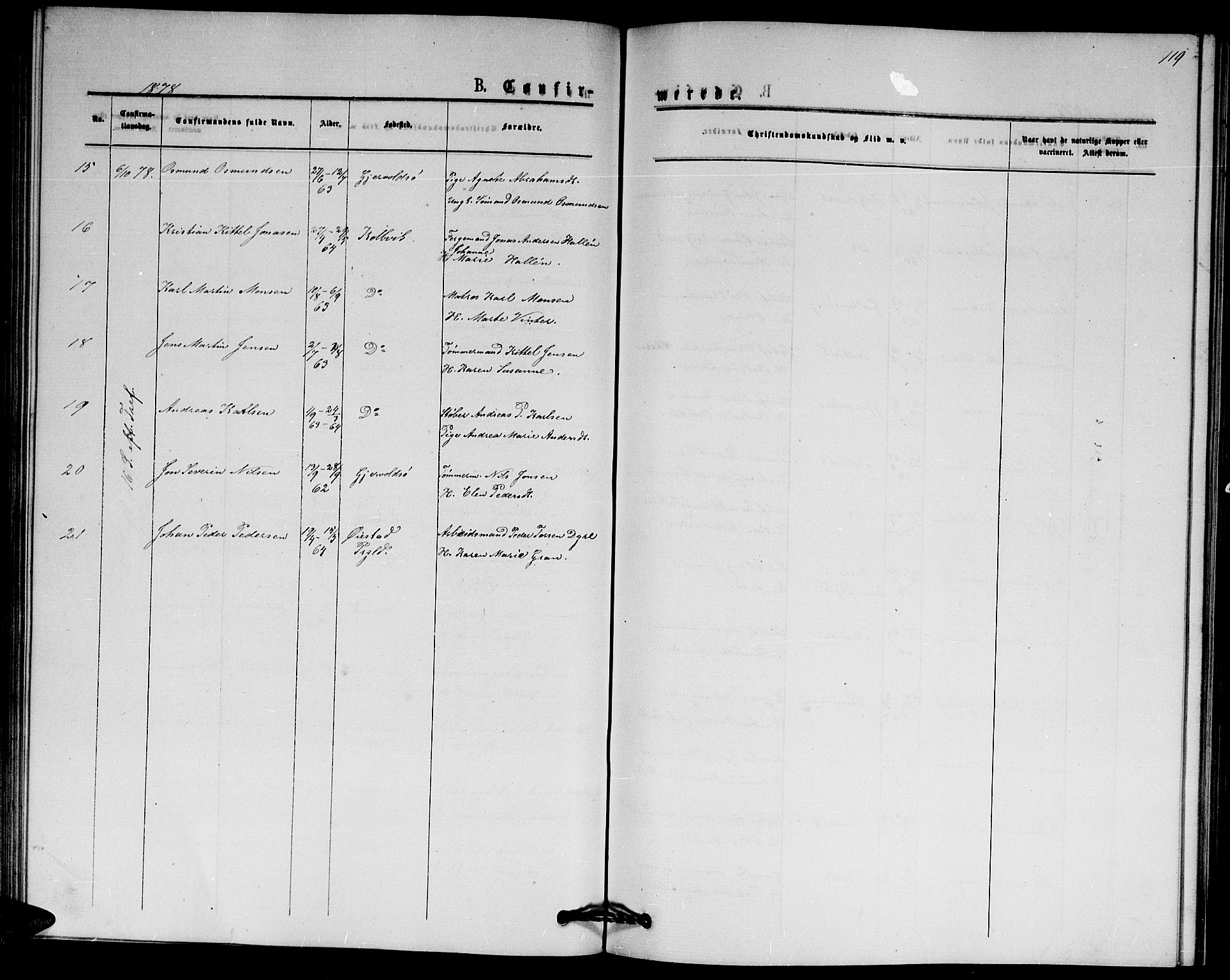 Hisøy sokneprestkontor, SAK/1111-0020/F/Fb/L0002: Parish register (copy) no. B 2, 1873-1885, p. 119