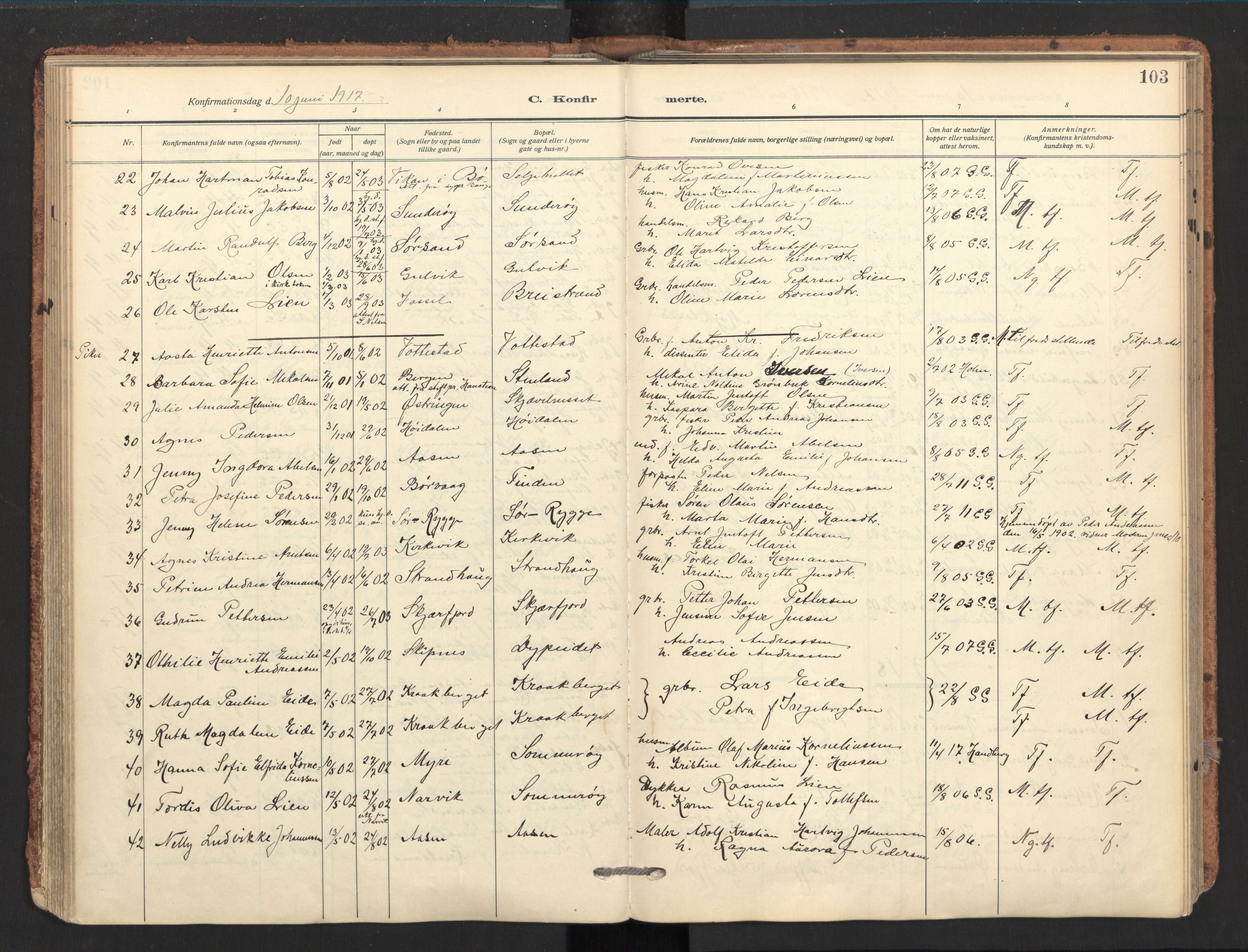 Ministerialprotokoller, klokkerbøker og fødselsregistre - Nordland, AV/SAT-A-1459/893/L1343: Parish register (official) no. 893A15, 1914-1928, p. 103