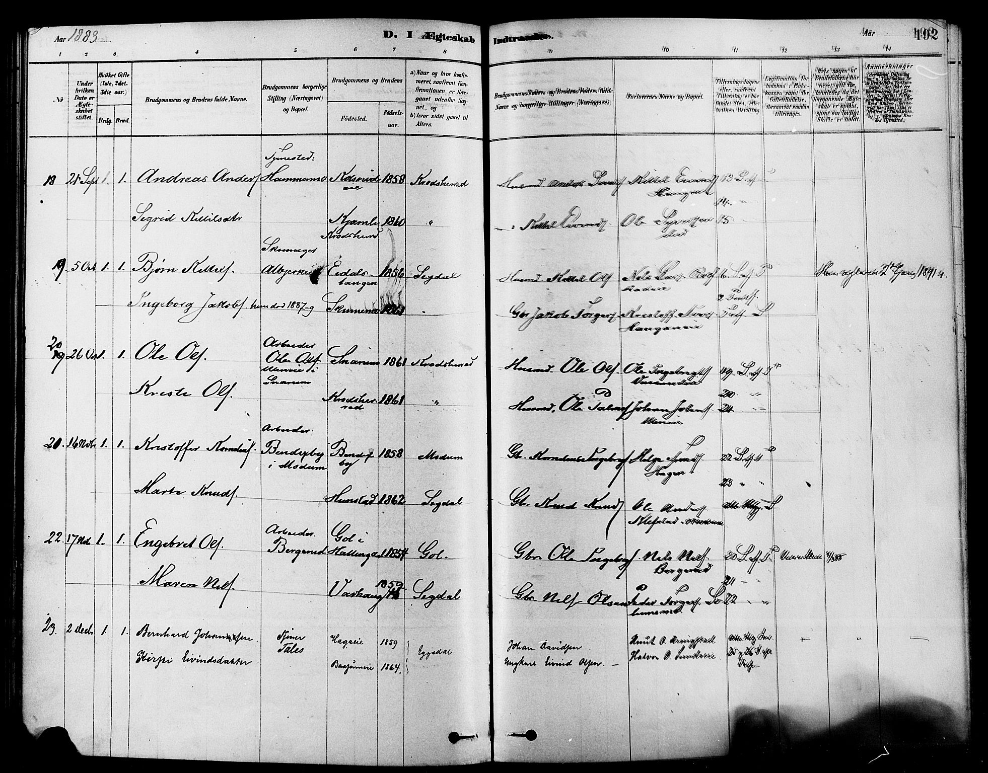 Sigdal kirkebøker, AV/SAKO-A-245/F/Fa/L0011: Parish register (official) no. I 11, 1879-1887, p. 192