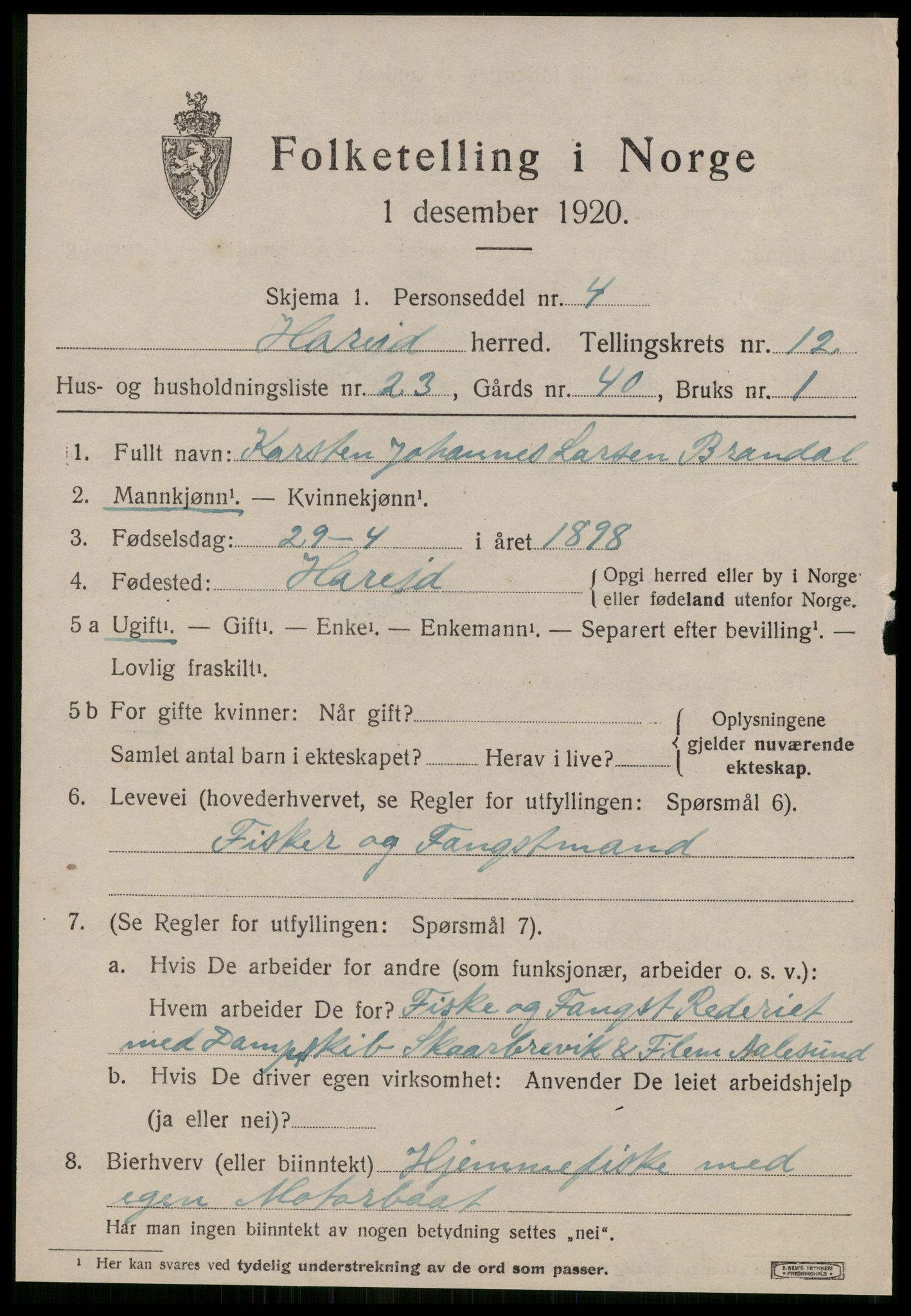 SAT, 1920 census for Hareid, 1920, p. 4909