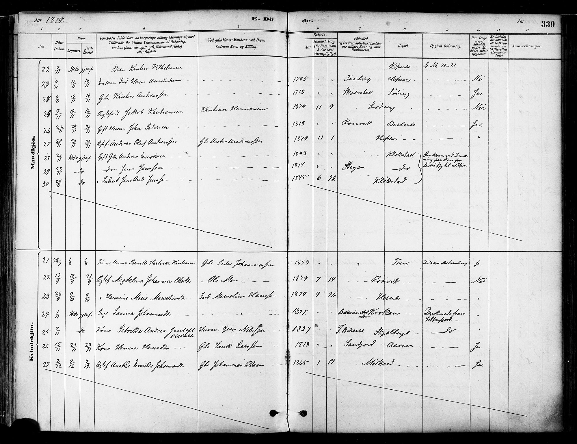 Ministerialprotokoller, klokkerbøker og fødselsregistre - Nordland, SAT/A-1459/802/L0054: Parish register (official) no. 802A01, 1879-1893, p. 339