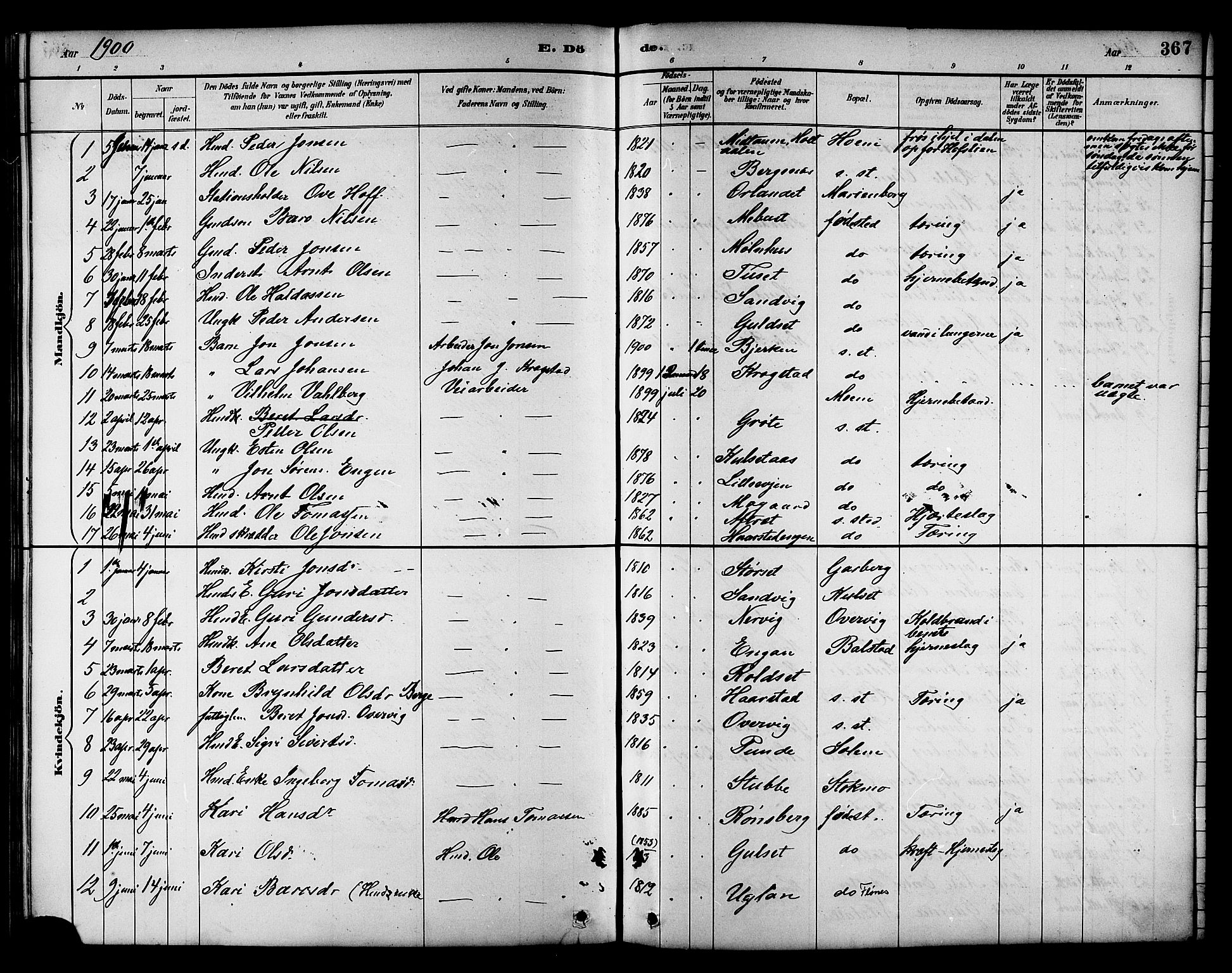 Ministerialprotokoller, klokkerbøker og fødselsregistre - Sør-Trøndelag, AV/SAT-A-1456/695/L1157: Parish register (copy) no. 695C08, 1889-1913, p. 367