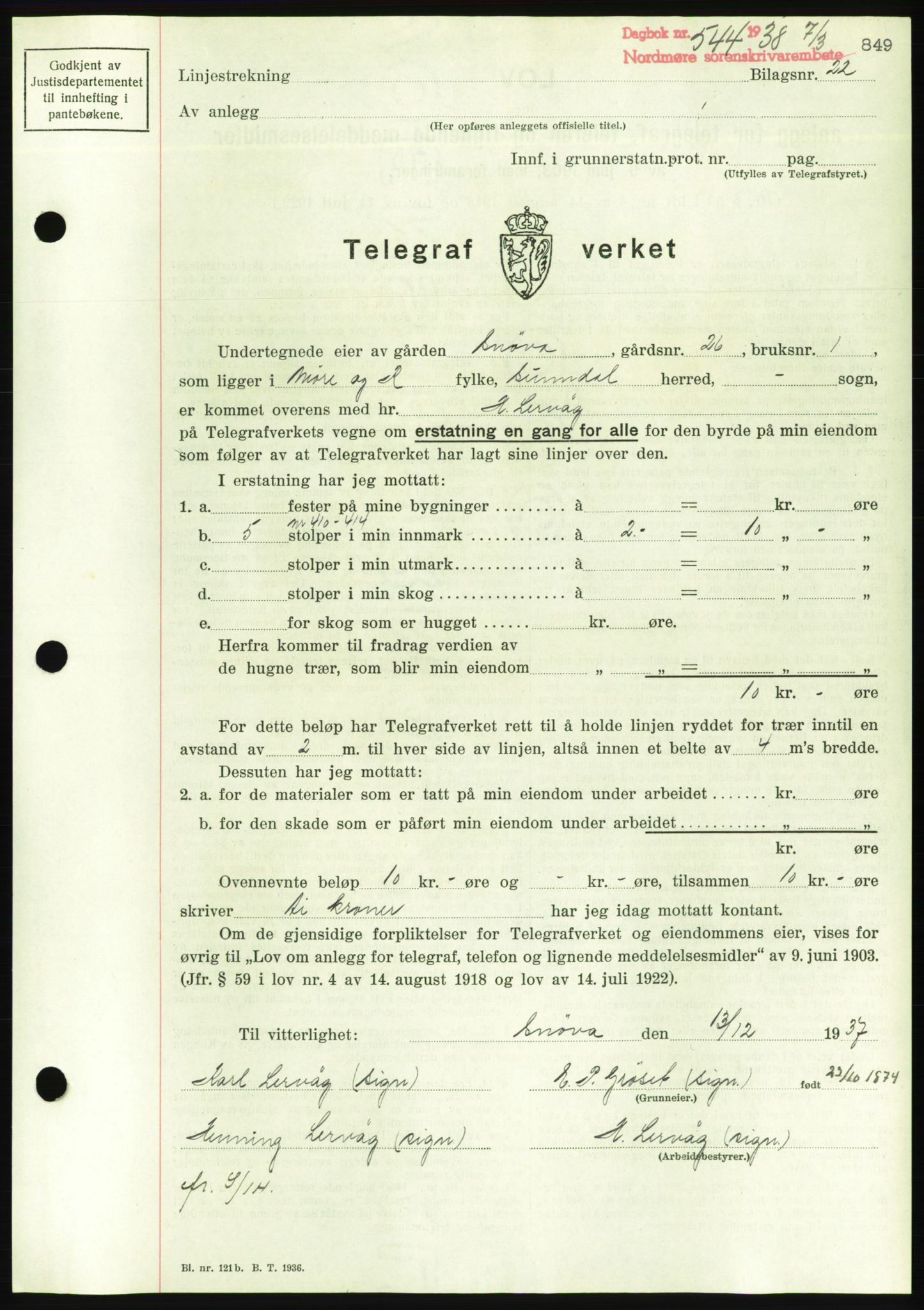 Nordmøre sorenskriveri, AV/SAT-A-4132/1/2/2Ca/L0092: Mortgage book no. B82, 1937-1938, Diary no: : 544/1938