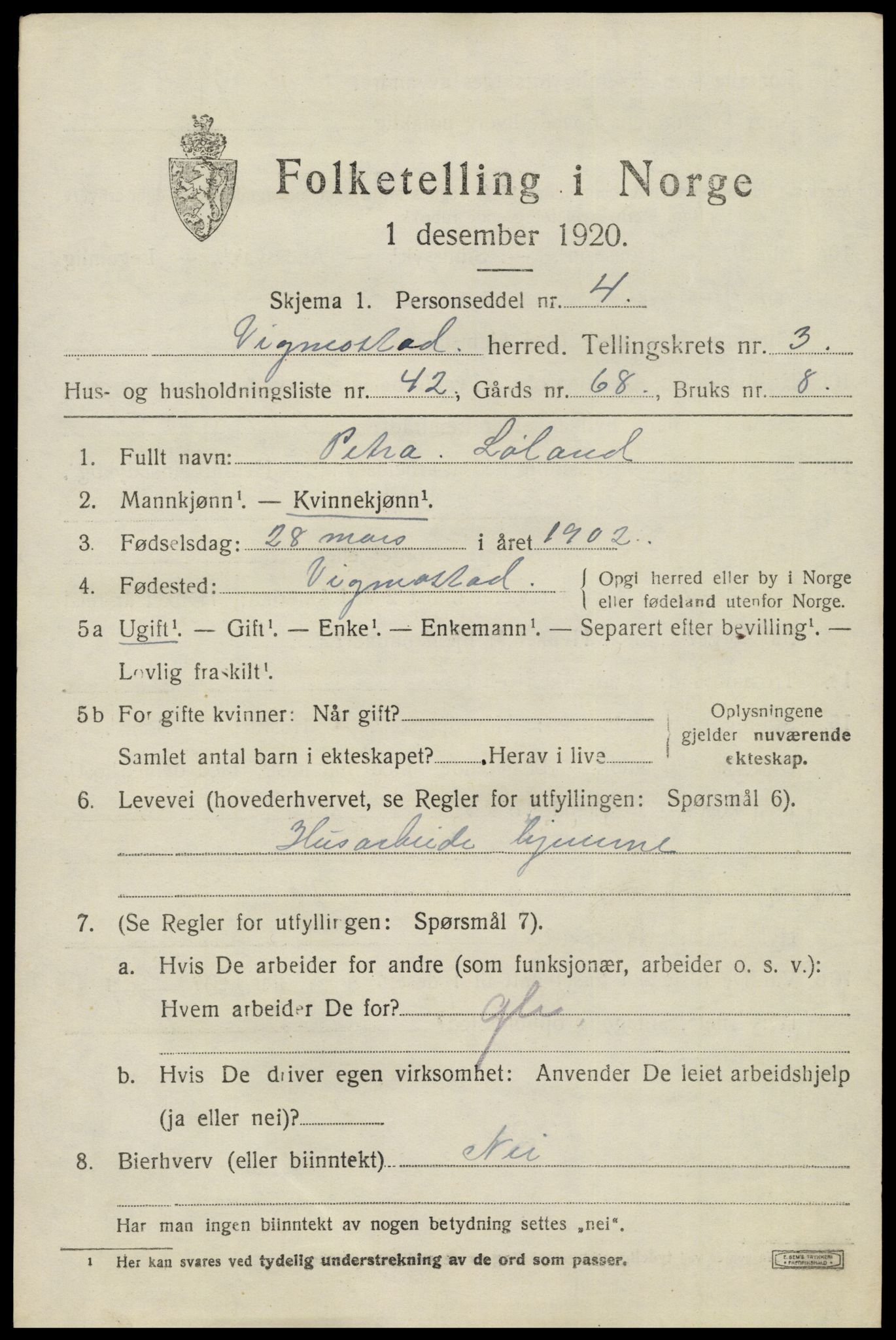 SAK, 1920 census for Vigmostad, 1920, p. 1169