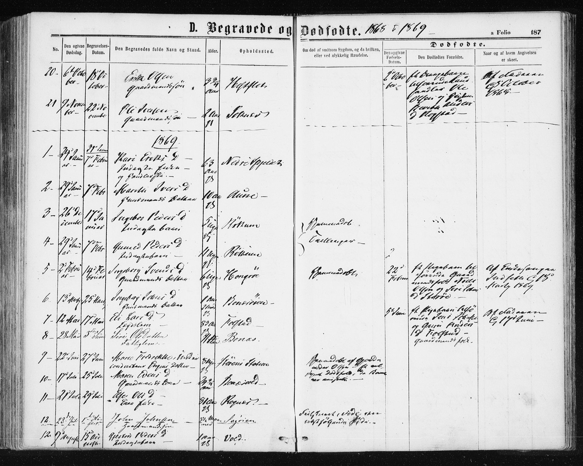 Ministerialprotokoller, klokkerbøker og fødselsregistre - Sør-Trøndelag, SAT/A-1456/687/L1001: Parish register (official) no. 687A07, 1863-1878, p. 187