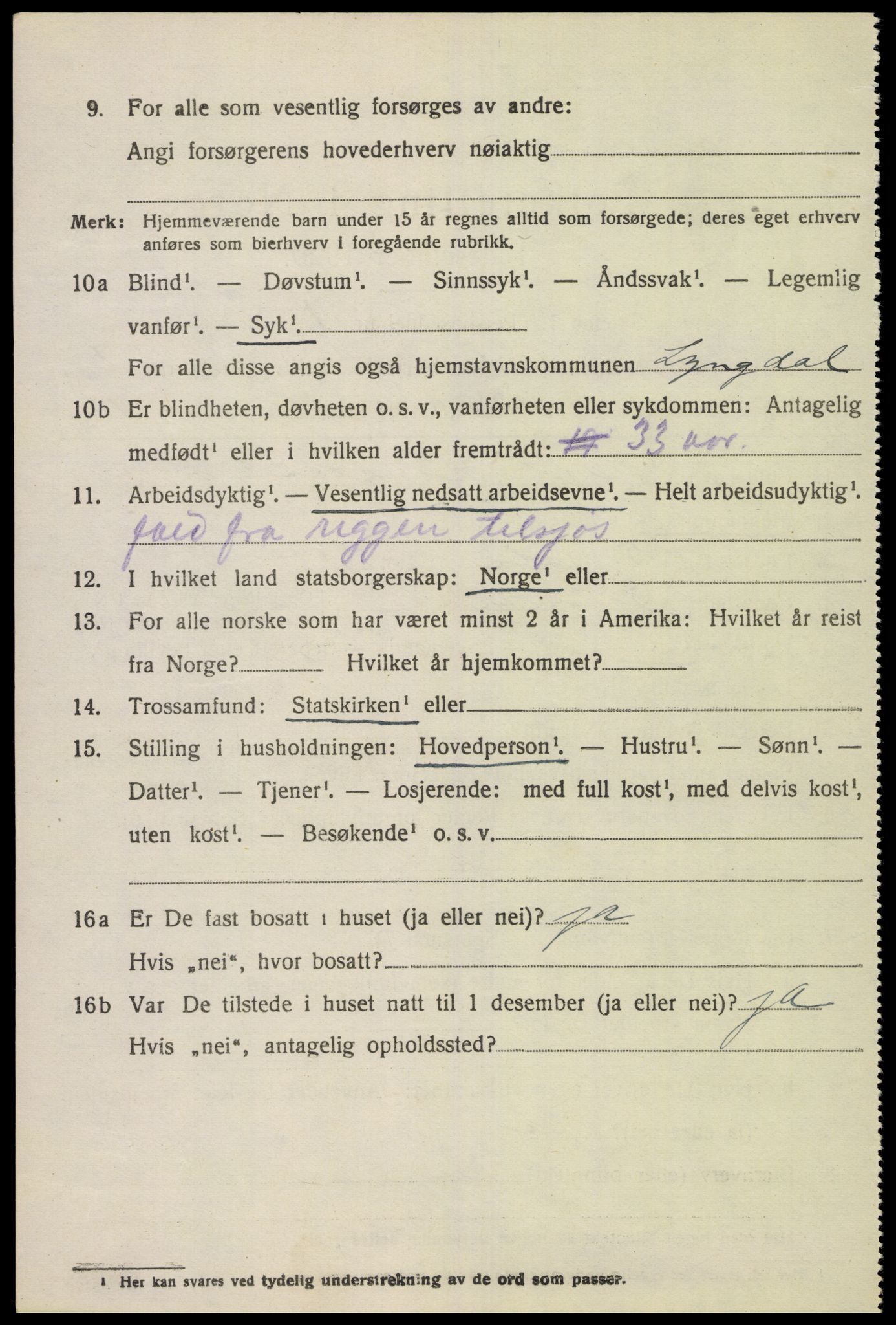 SAK, 1920 census for Lyngdal, 1920, p. 1570