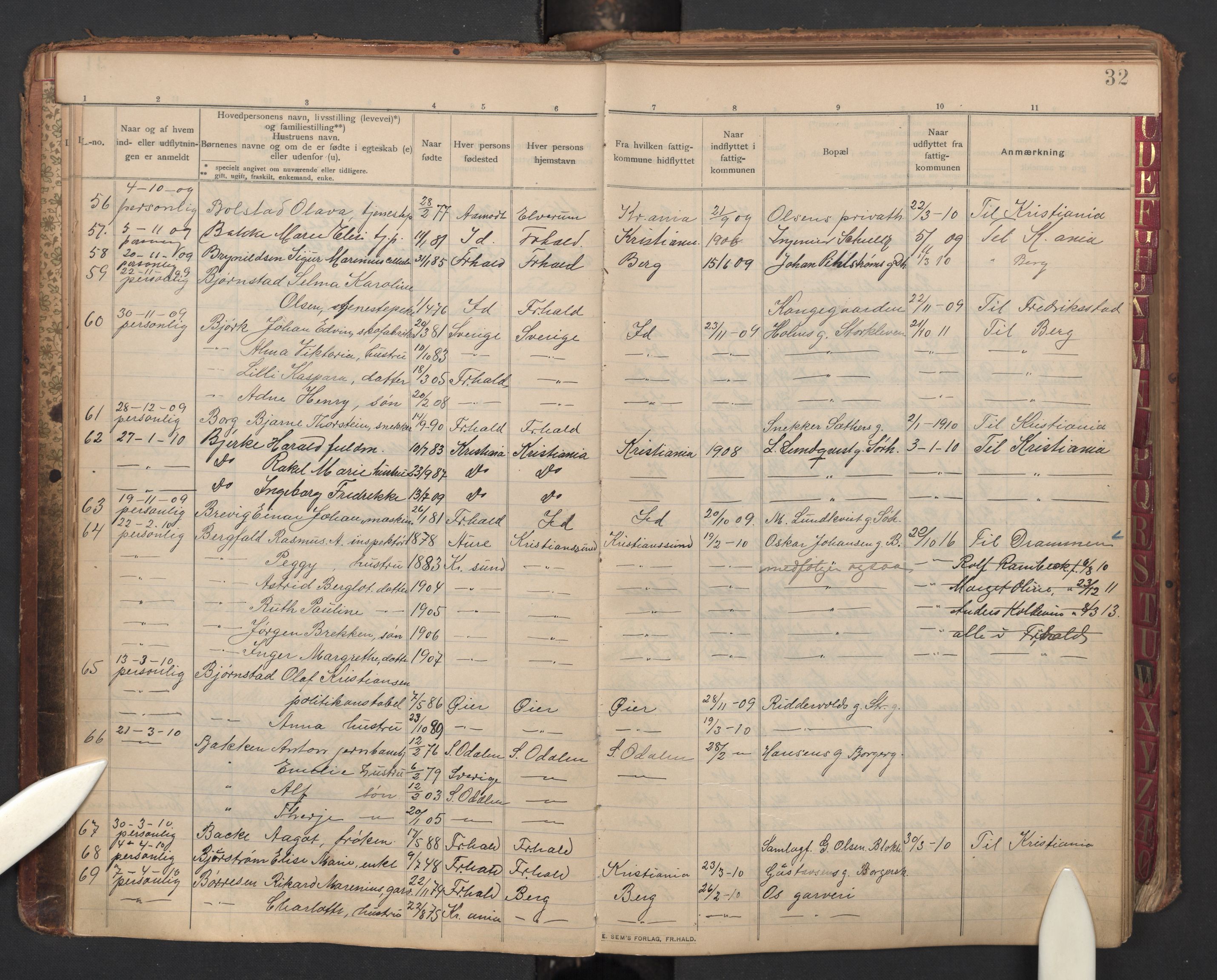 Halden politidistrikt, AV/SAO-A-10295/H/Ha/Hae/L0002: Flytteprotokoll, 1908-1915, p. 32