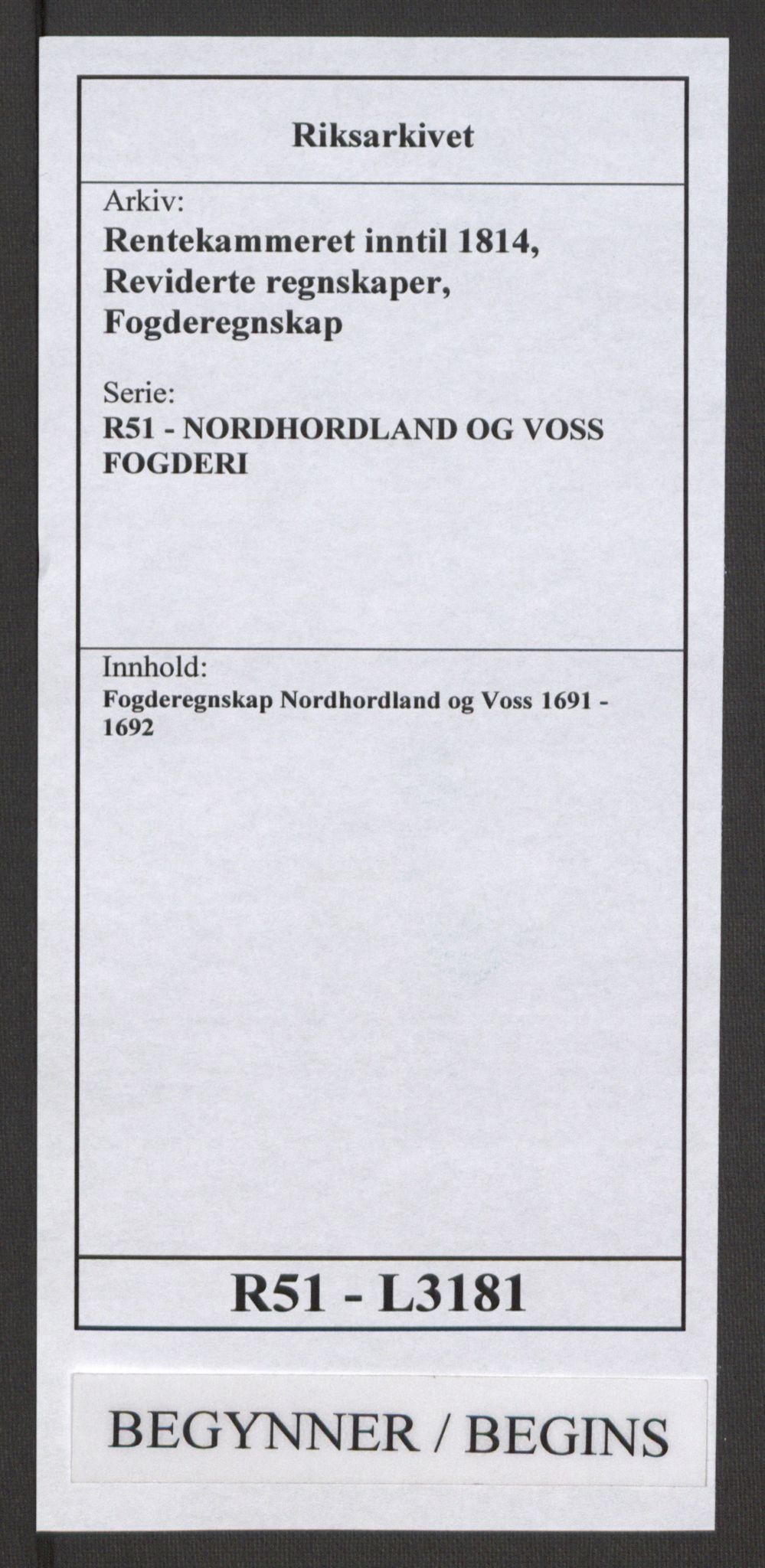 Rentekammeret inntil 1814, Reviderte regnskaper, Fogderegnskap, RA/EA-4092/R51/L3181: Fogderegnskap Nordhordland og Voss, 1691-1692, p. 1