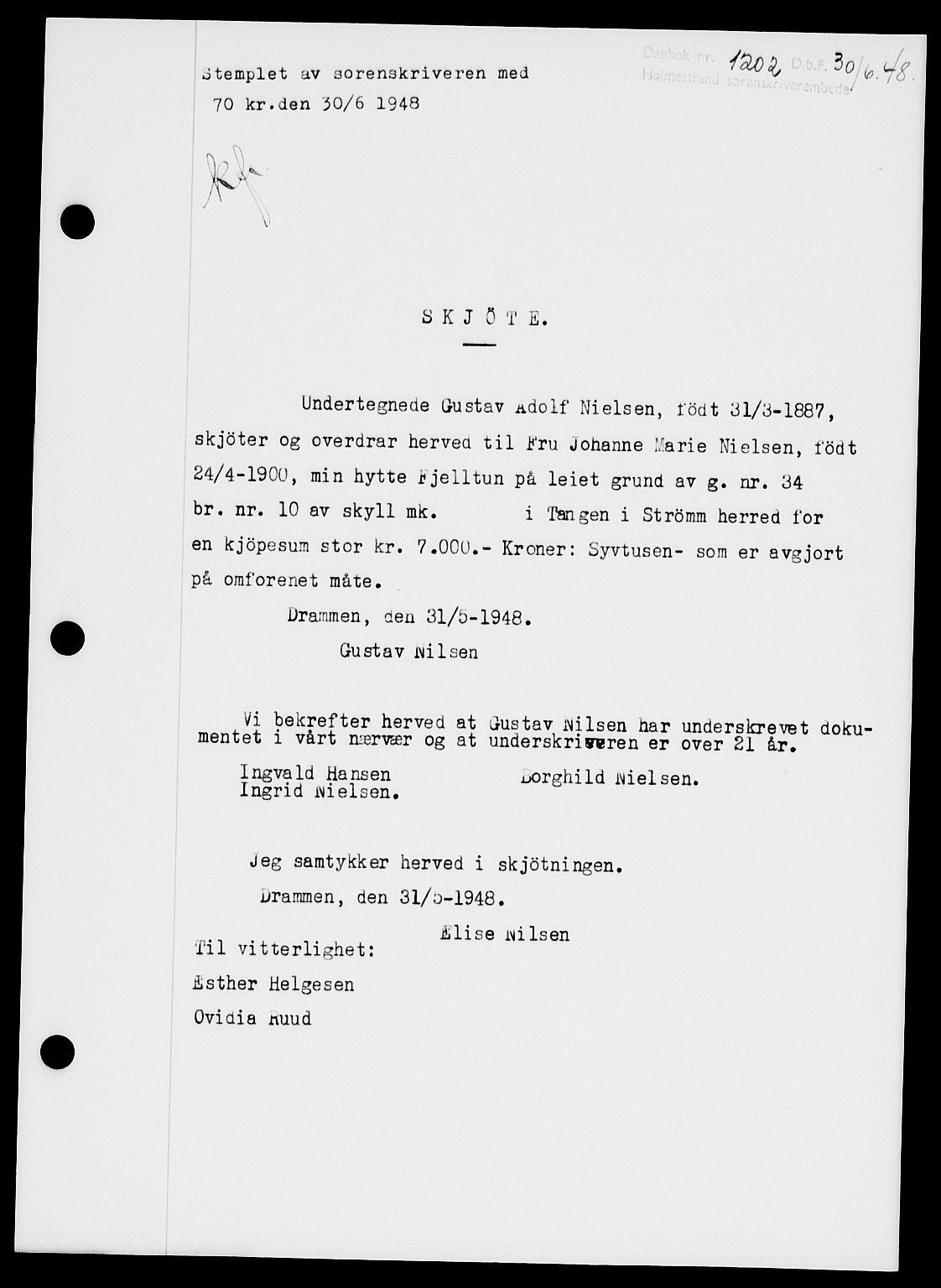 Holmestrand sorenskriveri, AV/SAKO-A-67/G/Ga/Gaa/L0064: Mortgage book no. A-64, 1948-1948, Diary no: : 1202/1948