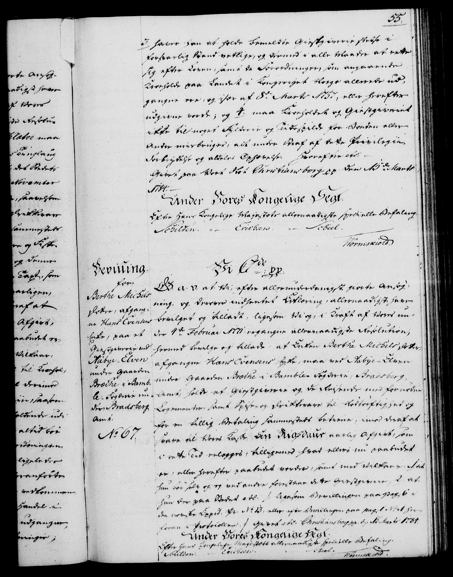 Rentekammeret, Kammerkanselliet, RA/EA-3111/G/Gg/Gga/L0013: Norsk ekspedisjonsprotokoll med register (merket RK 53.13), 1784-1787, p. 55