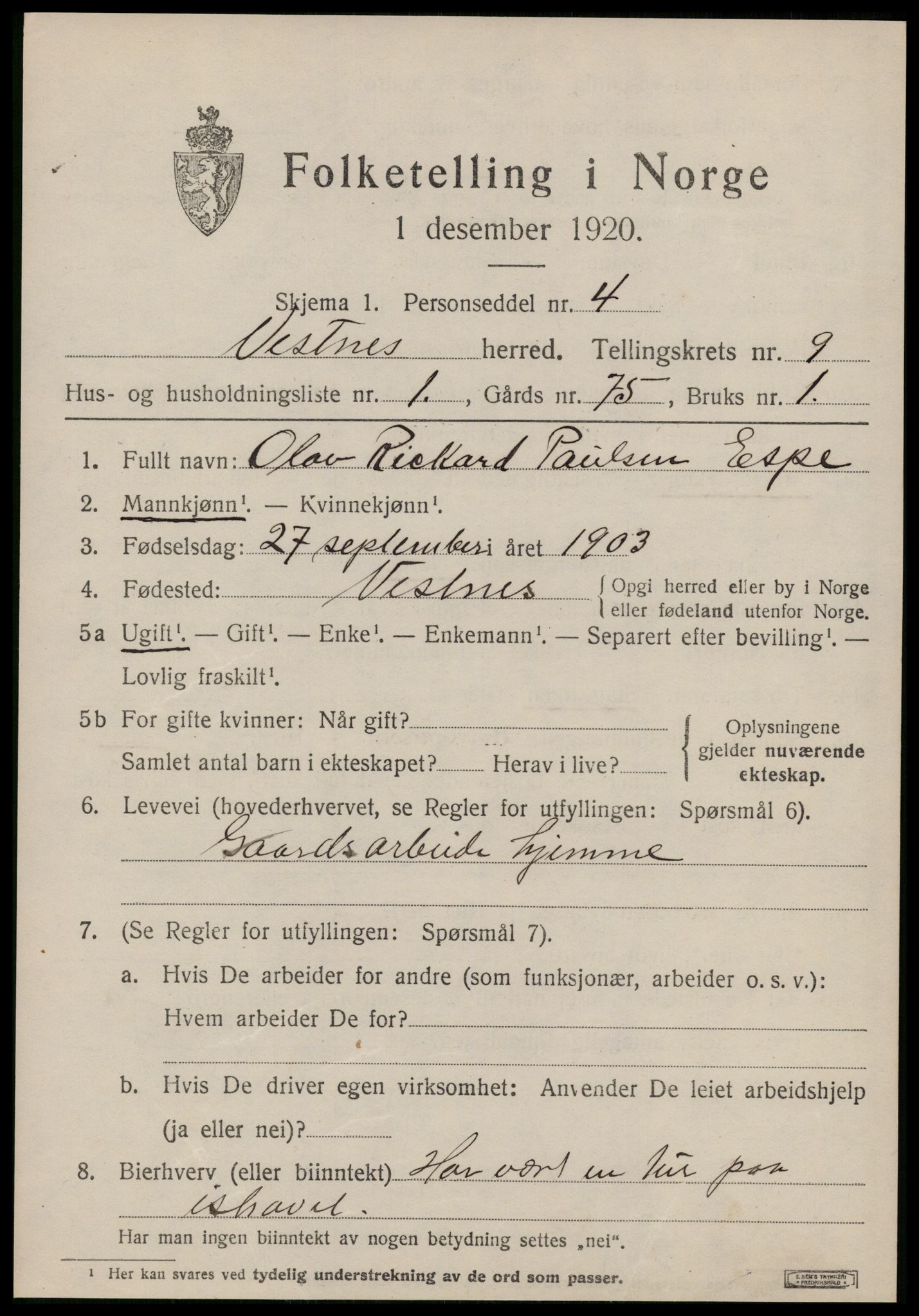 SAT, 1920 census for Vestnes, 1920, p. 5975