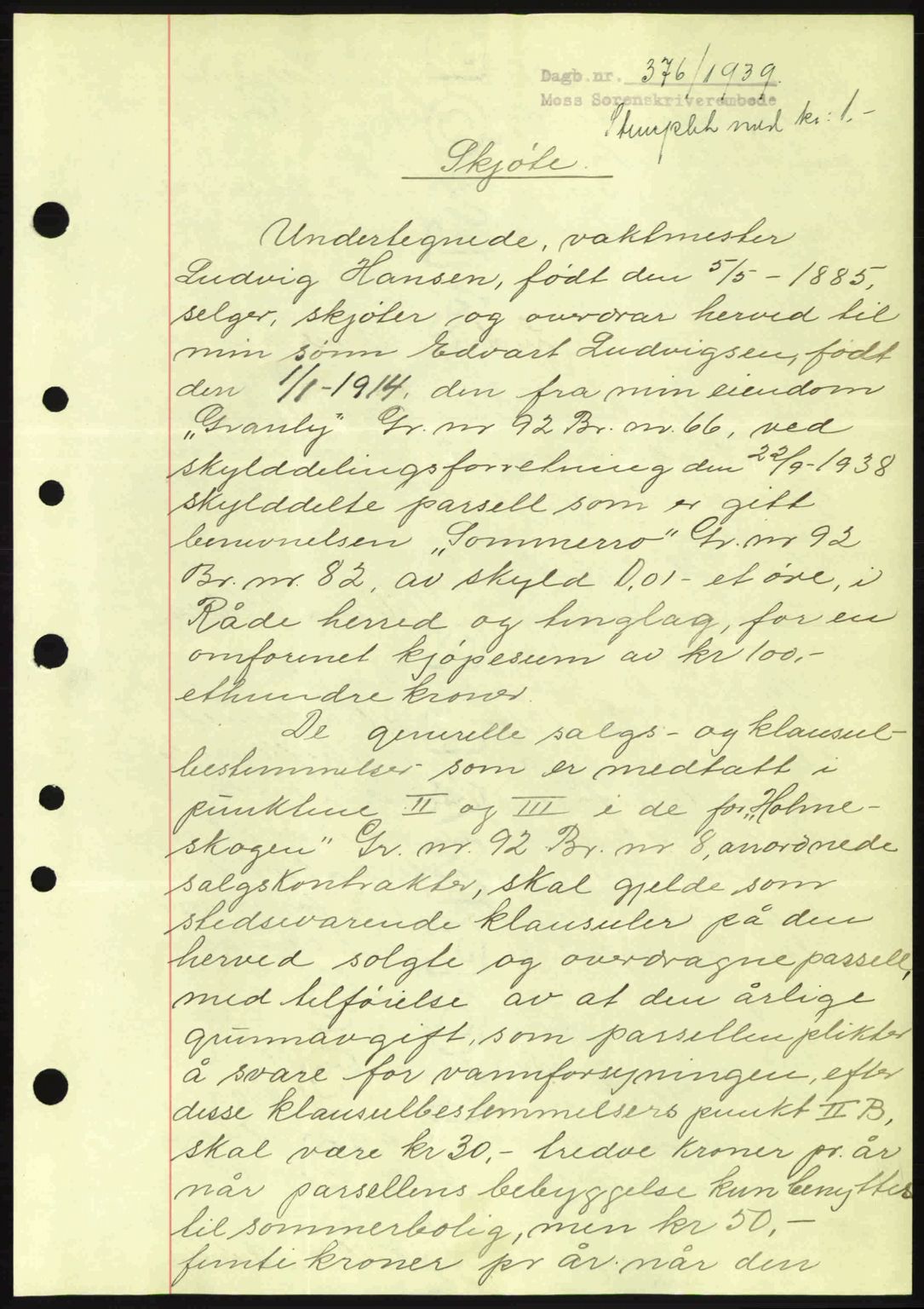 Moss sorenskriveri, SAO/A-10168: Mortgage book no. A5, 1938-1939, Diary no: : 376/1939