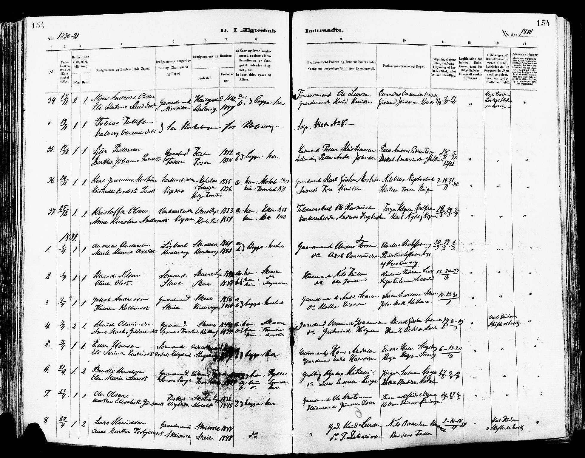 Avaldsnes sokneprestkontor, AV/SAST-A -101851/H/Ha/Haa/L0015: Parish register (official) no. A 15, 1880-1906, p. 154