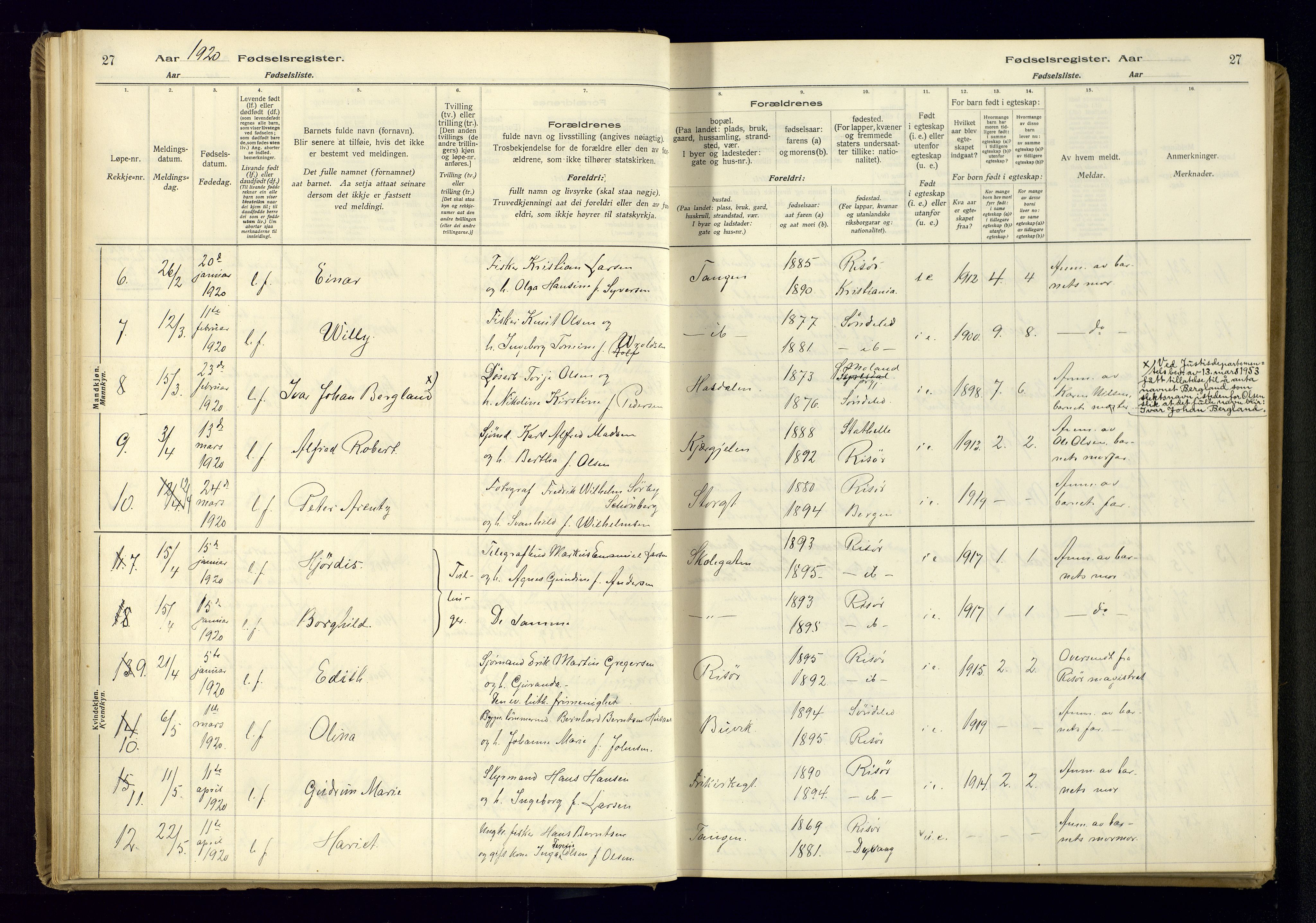 Risør sokneprestkontor, SAK/1111-0035/J/Ja/L0001: Birth register no. A-VI-13, 1916-1947, p. 27