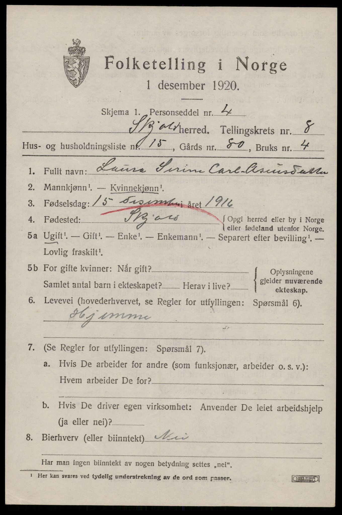 SAST, 1920 census for Skjold, 1920, p. 4332