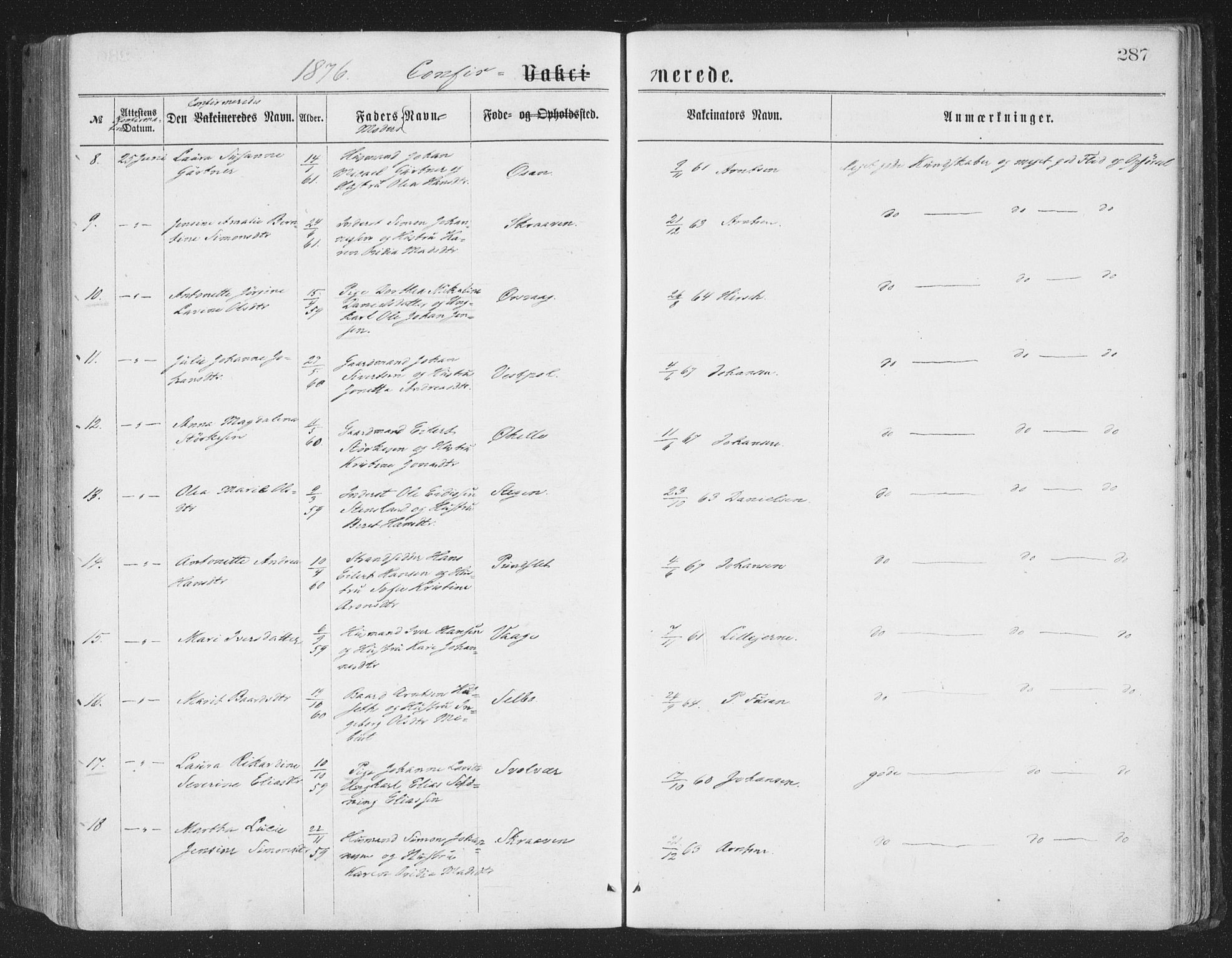 Ministerialprotokoller, klokkerbøker og fødselsregistre - Nordland, AV/SAT-A-1459/874/L1057: Parish register (official) no. 874A01, 1866-1877, p. 287