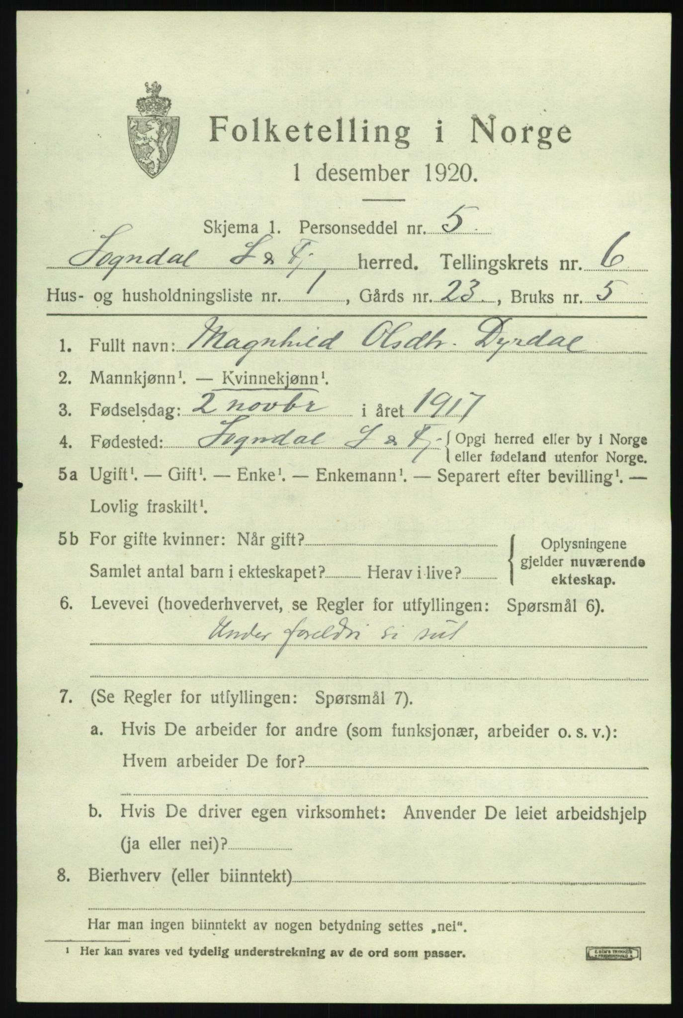 SAB, 1920 census for Sogndal, 1920, p. 2947