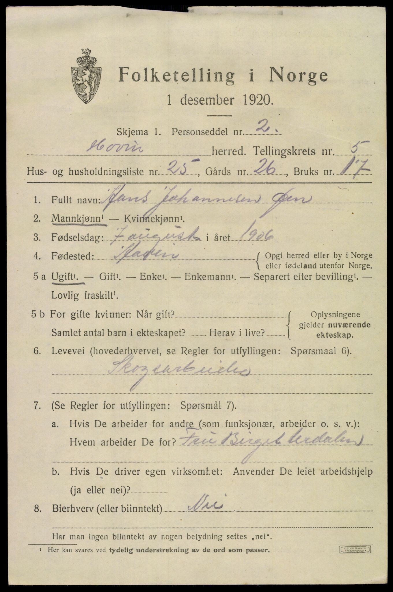 SAKO, 1920 census for Hovin, 1920, p. 1689