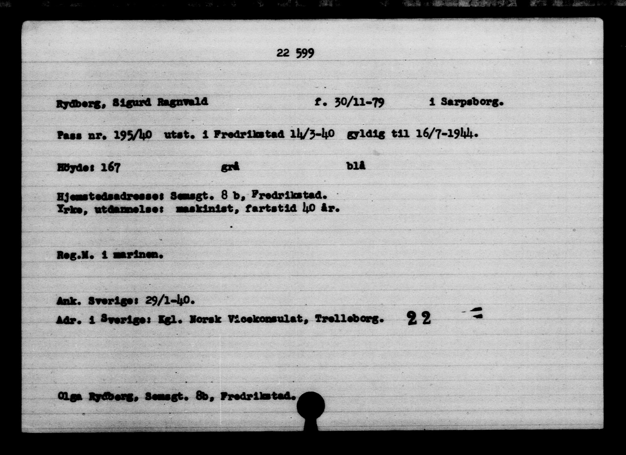 Den Kgl. Norske Legasjons Flyktningskontor, AV/RA-S-6753/V/Va/L0010: Kjesäterkartoteket.  Flyktningenr. 22000-25314, 1940-1945, p. 662