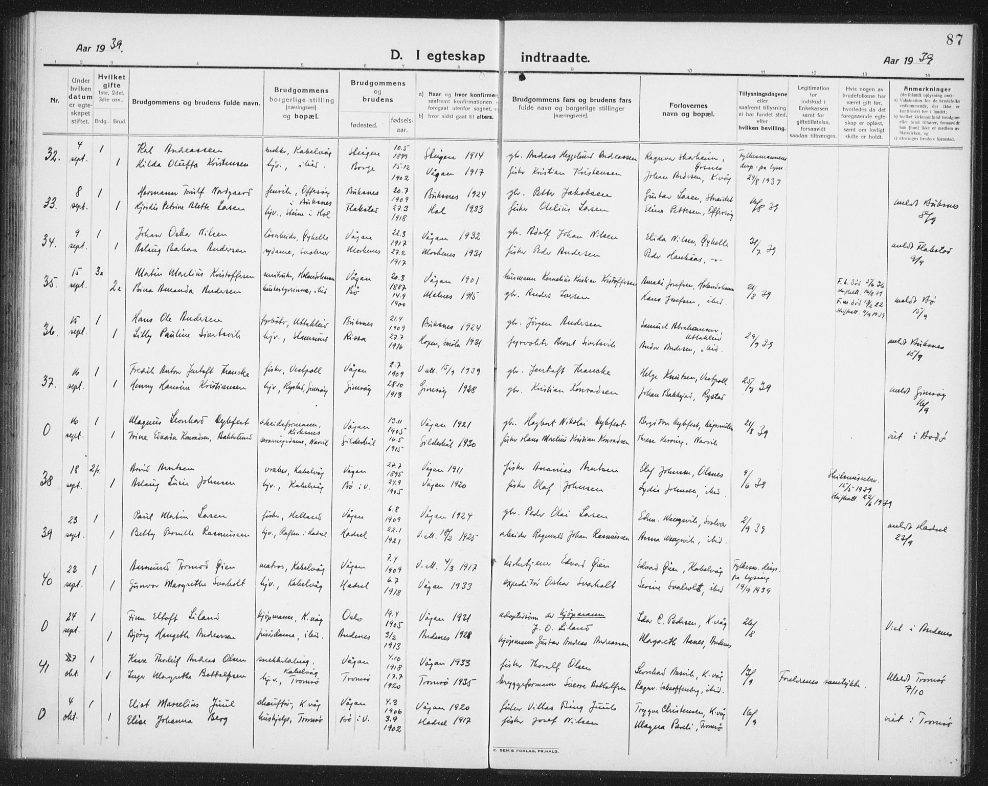 Ministerialprotokoller, klokkerbøker og fødselsregistre - Nordland, SAT/A-1459/874/L1082: Parish register (copy) no. 874C11, 1920-1939, p. 87