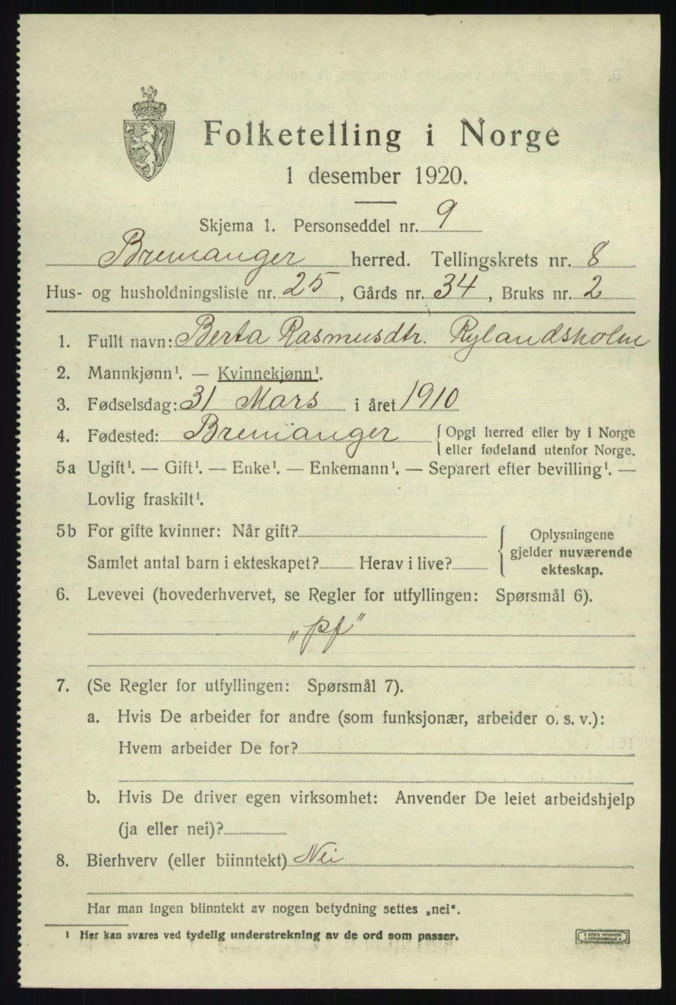 SAB, 1920 census for Bremanger, 1920, p. 5116