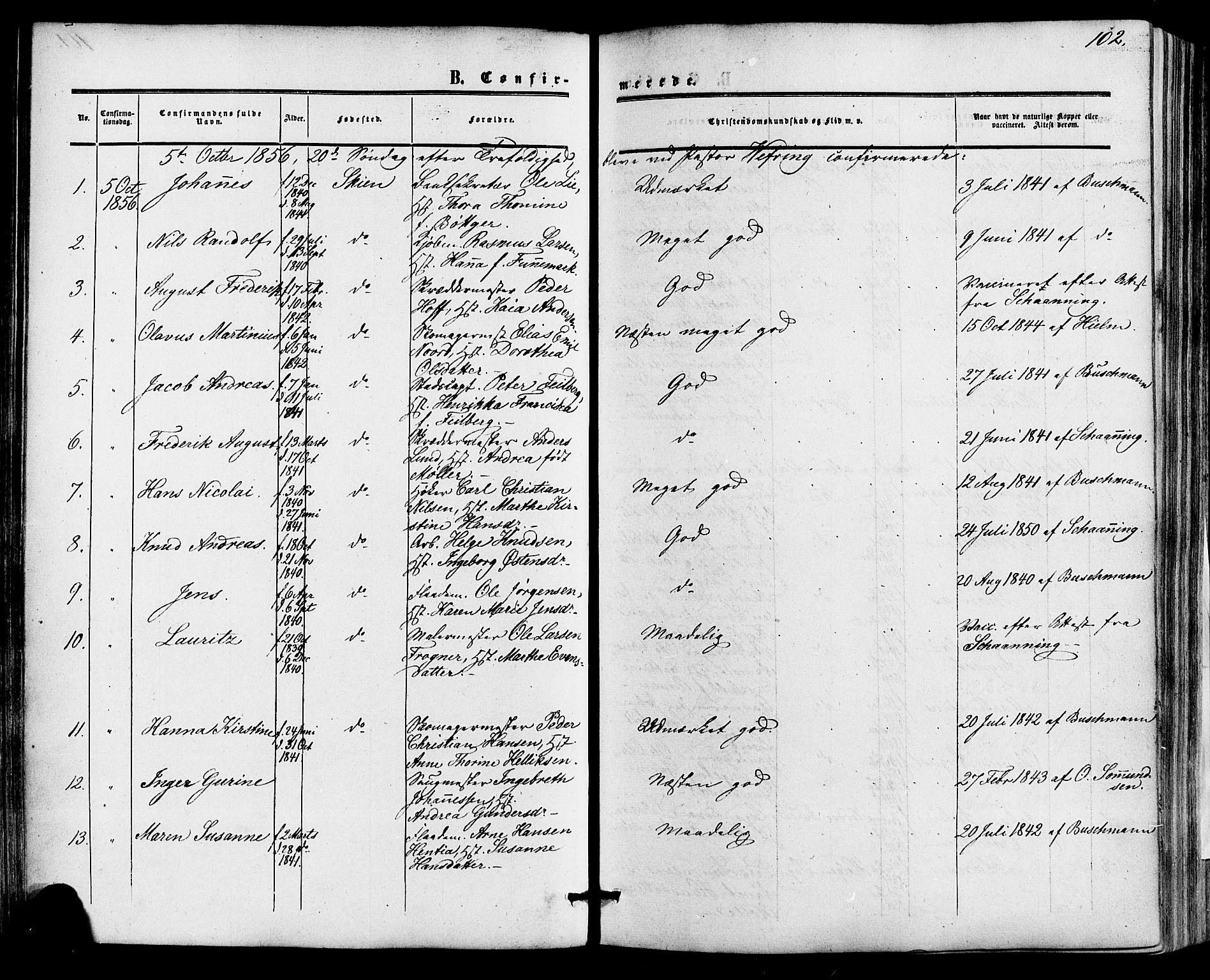 Skien kirkebøker, SAKO/A-302/F/Fa/L0007: Parish register (official) no. 7, 1856-1865, p. 102