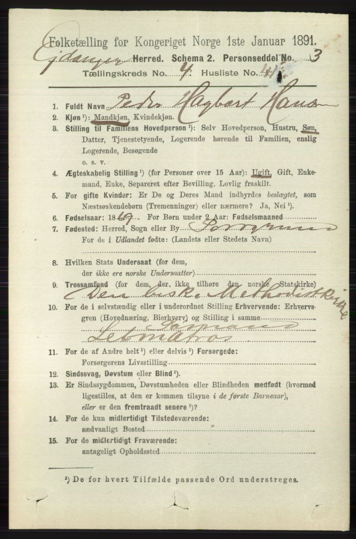 RA, 1891 census for 0813 Eidanger, 1891, p. 2223