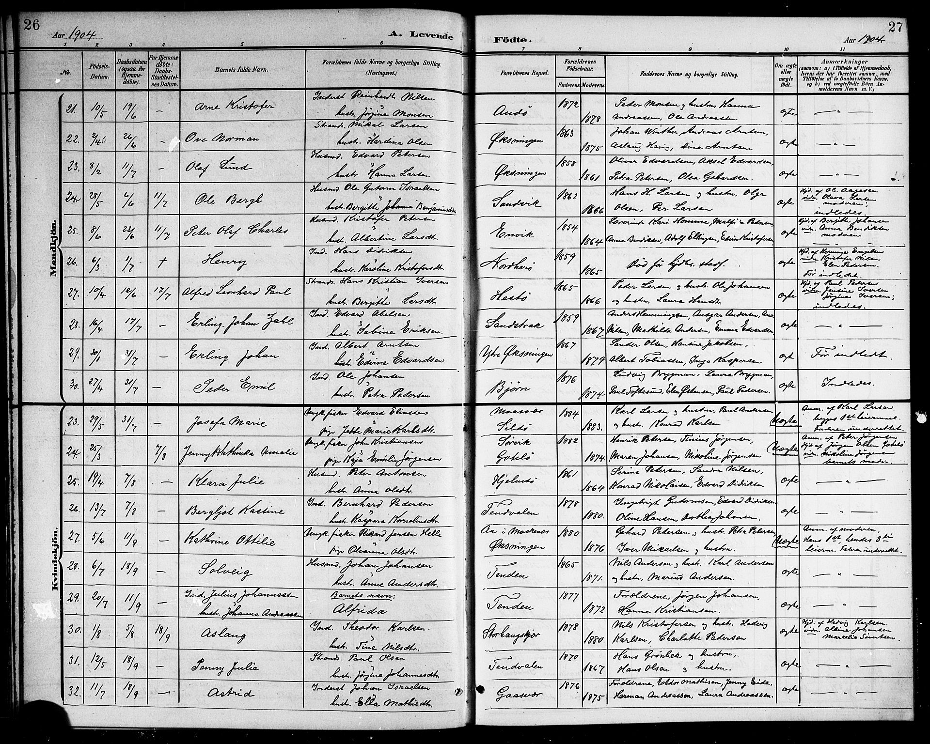 Ministerialprotokoller, klokkerbøker og fødselsregistre - Nordland, SAT/A-1459/834/L0516: Parish register (copy) no. 834C06, 1902-1918, p. 26-27