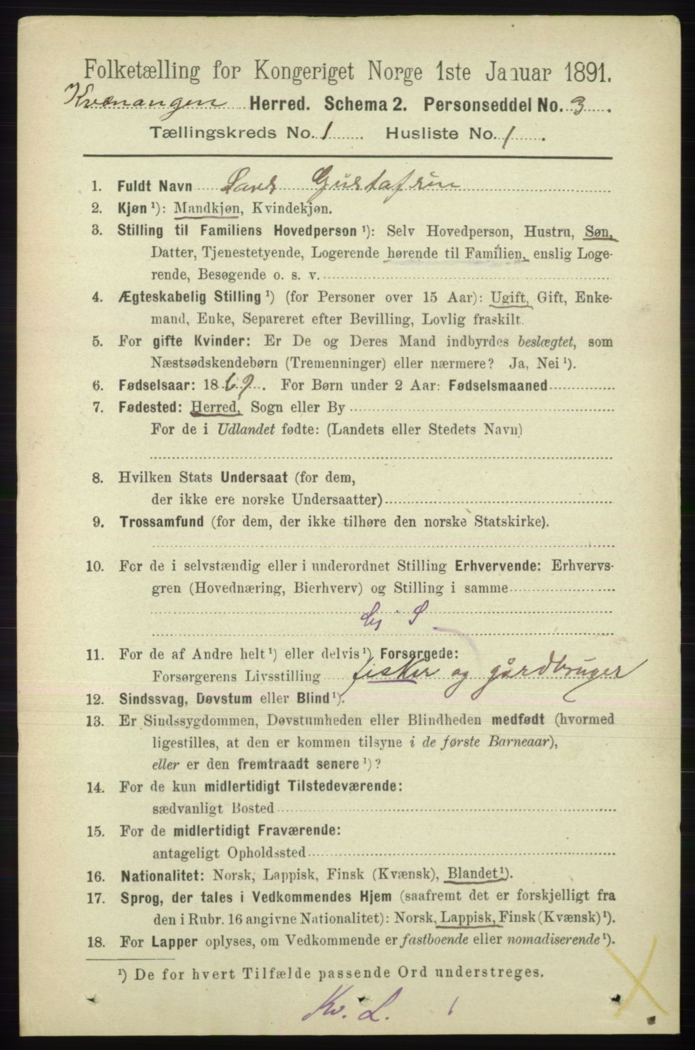 RA, 1891 census for 1943 Kvænangen, 1891, p. 57