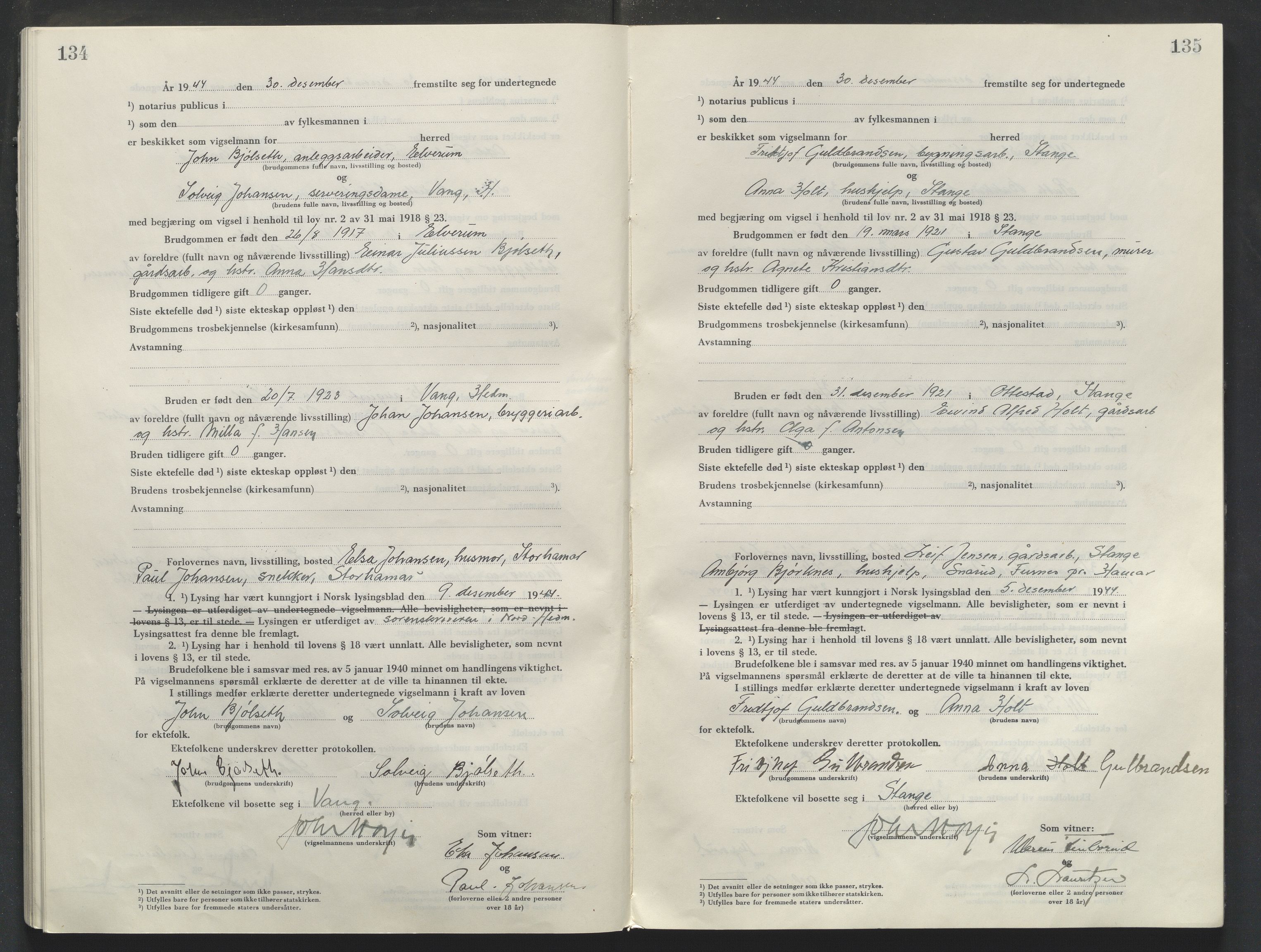 Sør-Hedmark sorenskriveri, AV/SAH-TING-014/L/Le/L0002/0001: Vigselsbøker / Vigselbok, 1944-1945, p. 136-137