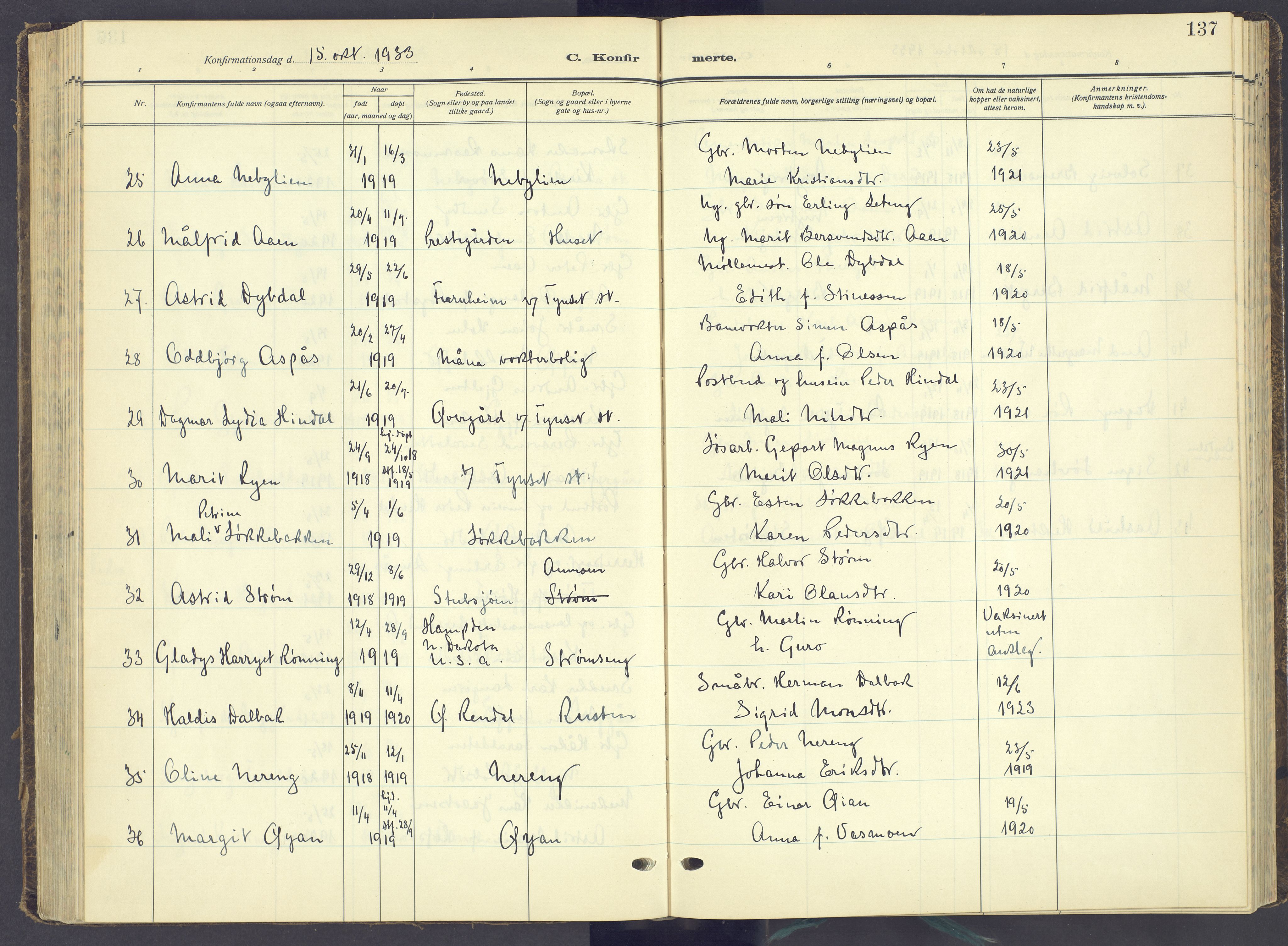 Tynset prestekontor, AV/SAH-PREST-058/H/Ha/Haa/L0027: Parish register (official) no. 27, 1930-1944, p. 137