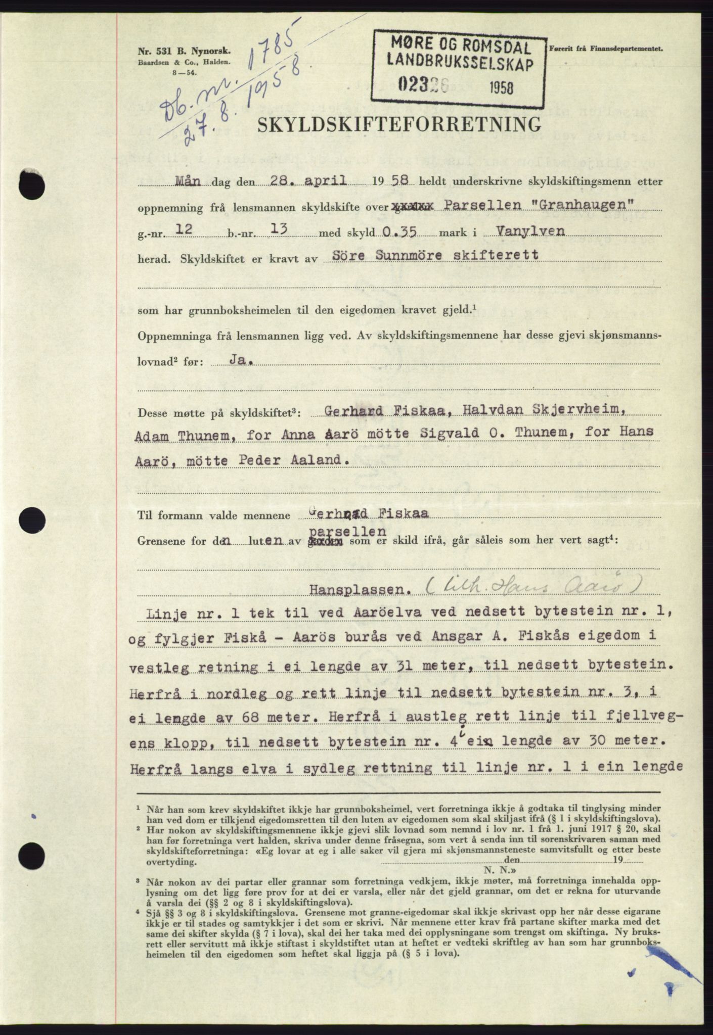 Søre Sunnmøre sorenskriveri, AV/SAT-A-4122/1/2/2C/L0110: Mortgage book no. 36A, 1958-1958, Diary no: : 1785/1958