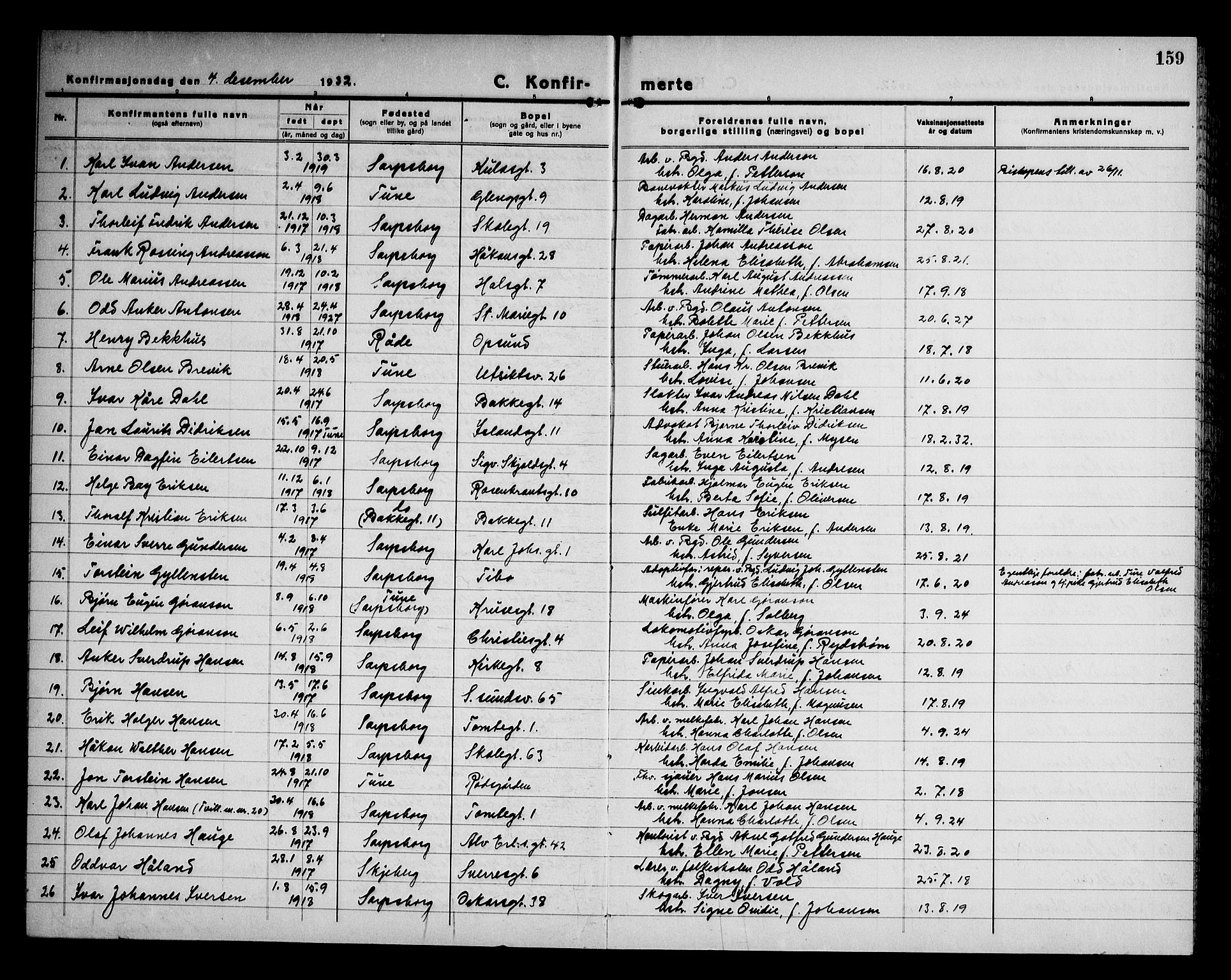 Sarpsborg prestekontor Kirkebøker, AV/SAO-A-2006/G/Ga/L0005: Parish register (copy) no. 5, 1932-1950, p. 159