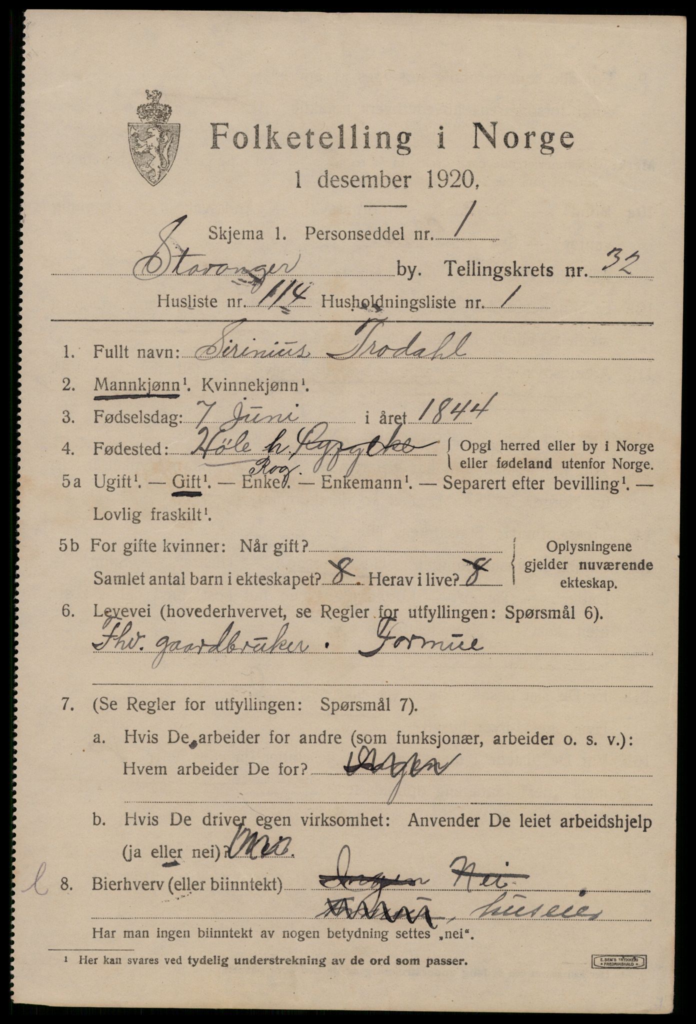 SAST, 1920 census for Stavanger, 1920, p. 90692